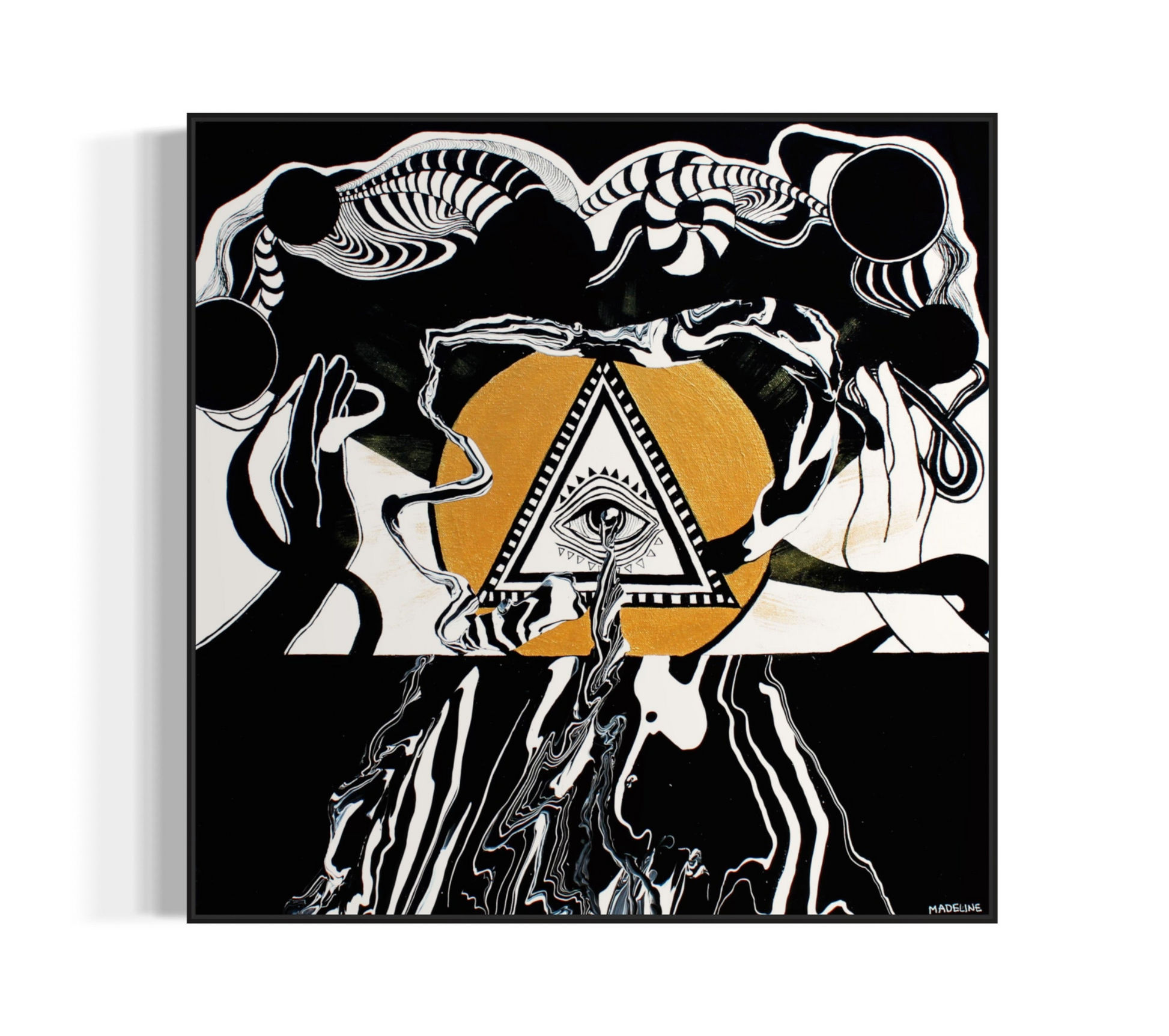 Spiritual abstract artwork with an eye inside a triangle inside a gold circle, with hands and psychedelic linework and patterns