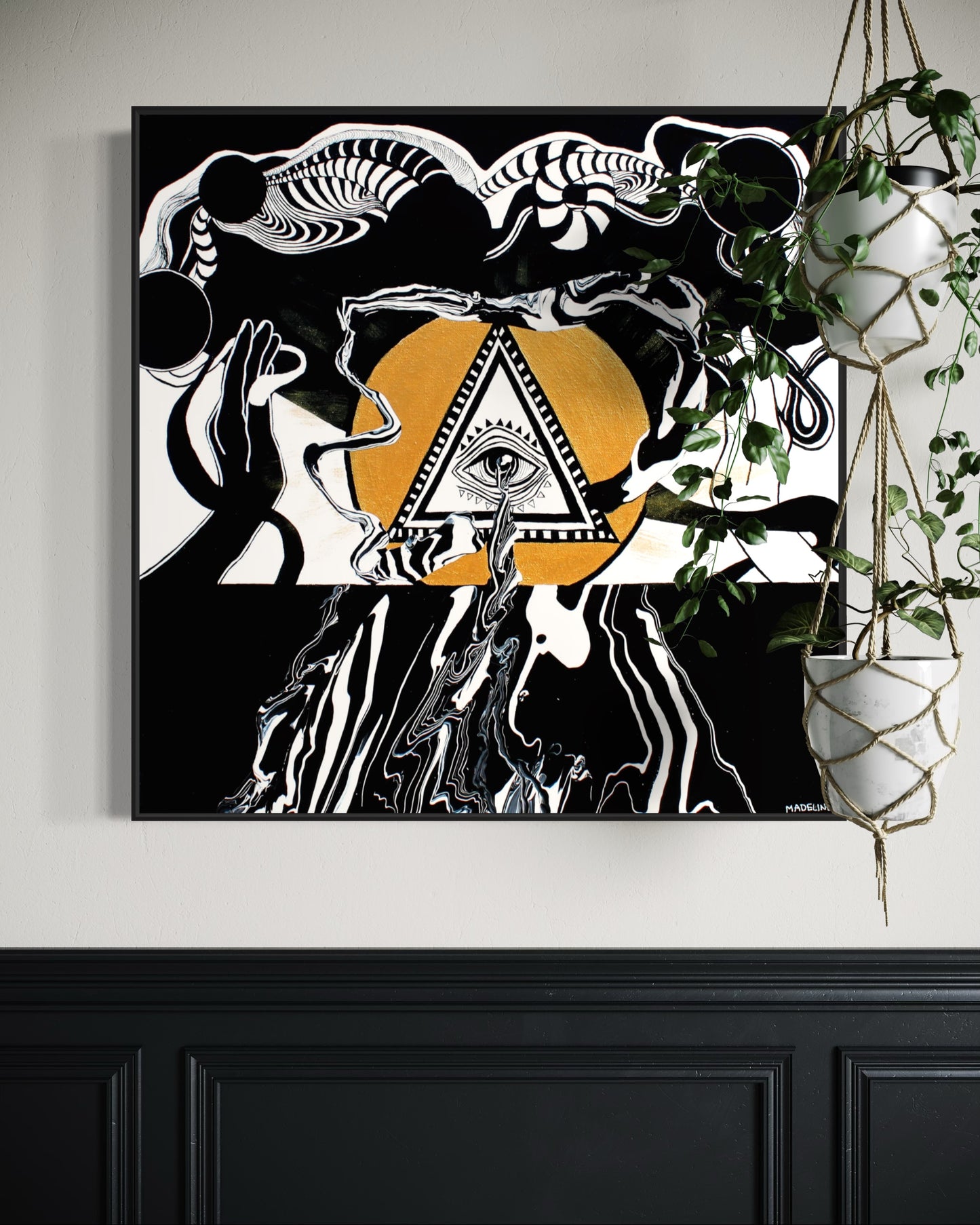 Spiritual abstract artwork with an eye inside a triangle inside a gold circle, with hands and psychedelic linework and patterns