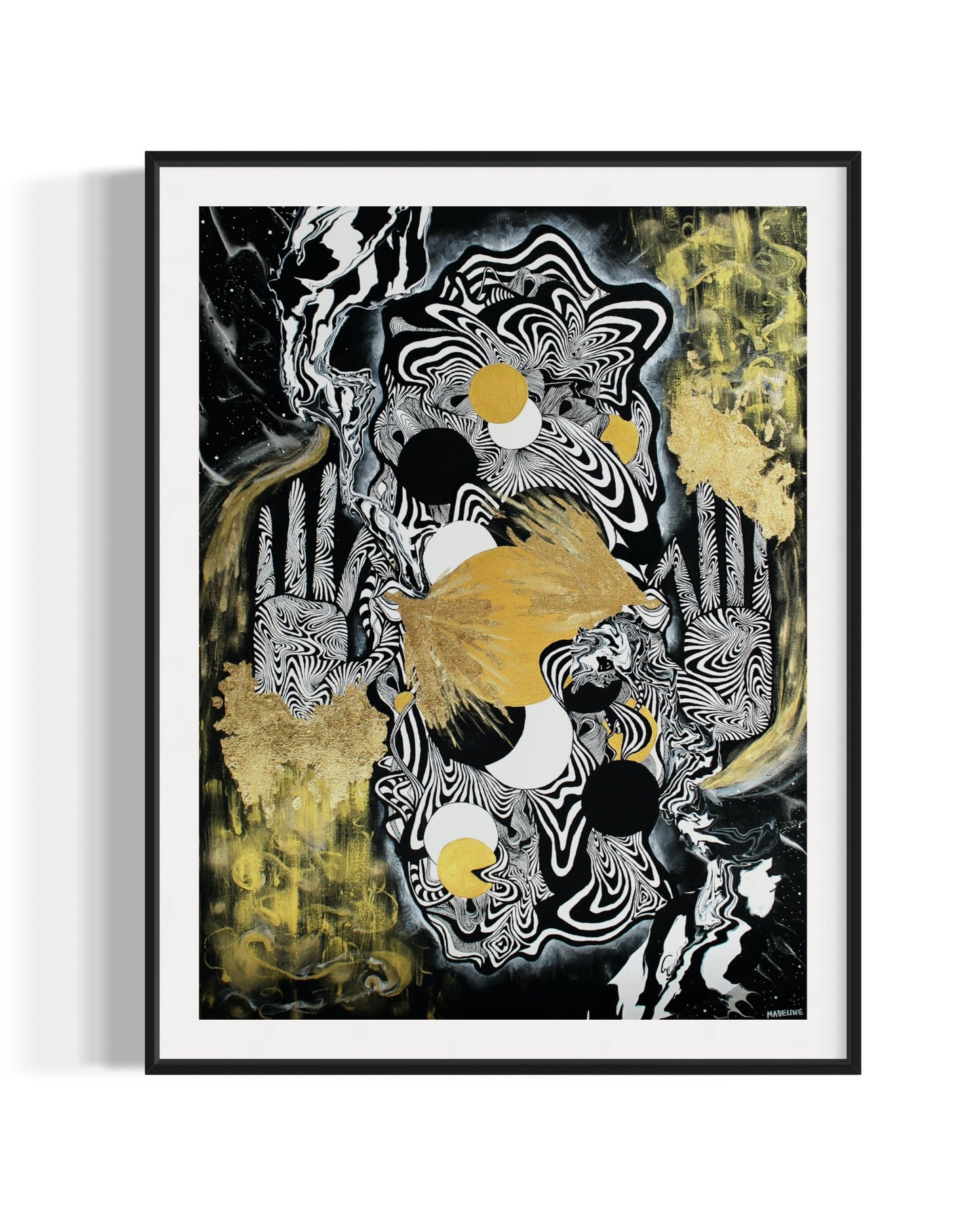 Abstract art print with black, white, and gold colors on a white background