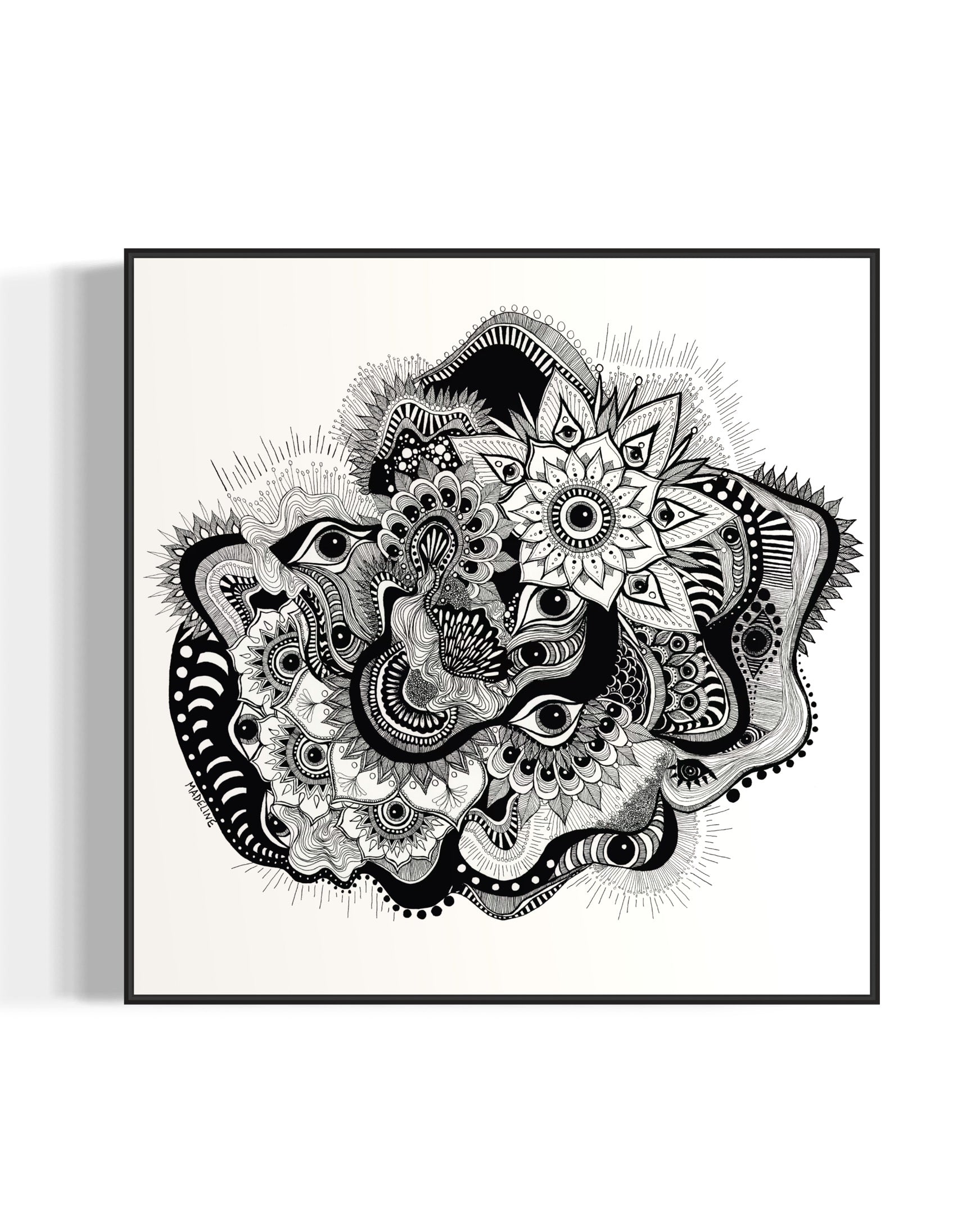 Framed black and white abstract art with eyes, mandalas, and fine line whimsical detail