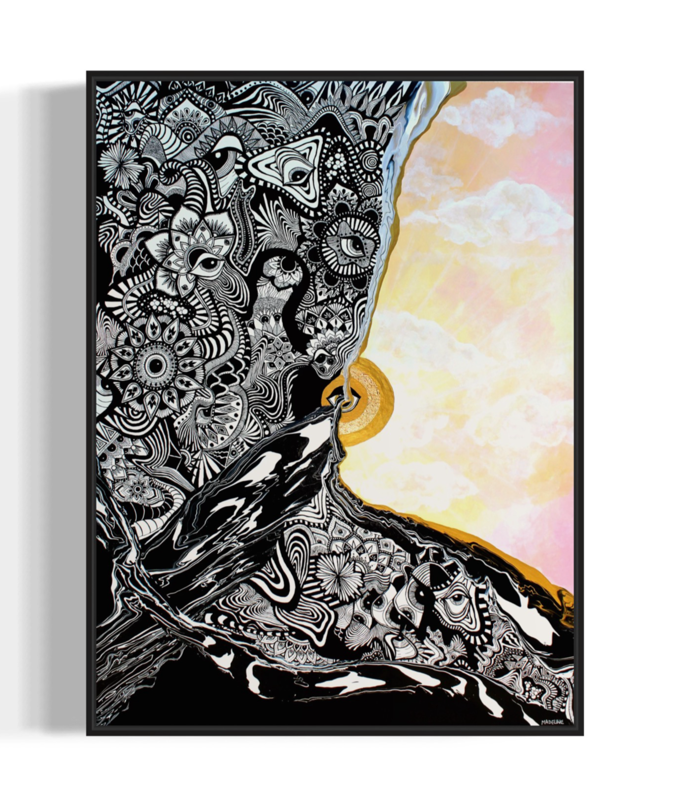 spiritual abstract artwork with an eye and half of a pink and yellow pastel sky, and half black and white abstract fine line patterns