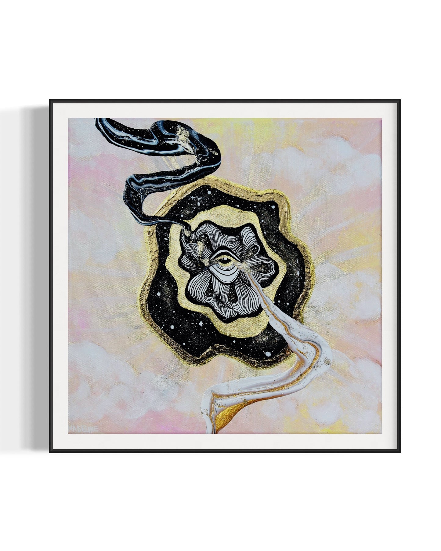 Framed artwork with pink and yellow cloud sky background, a golden eye, and abstract fluid art swirl.