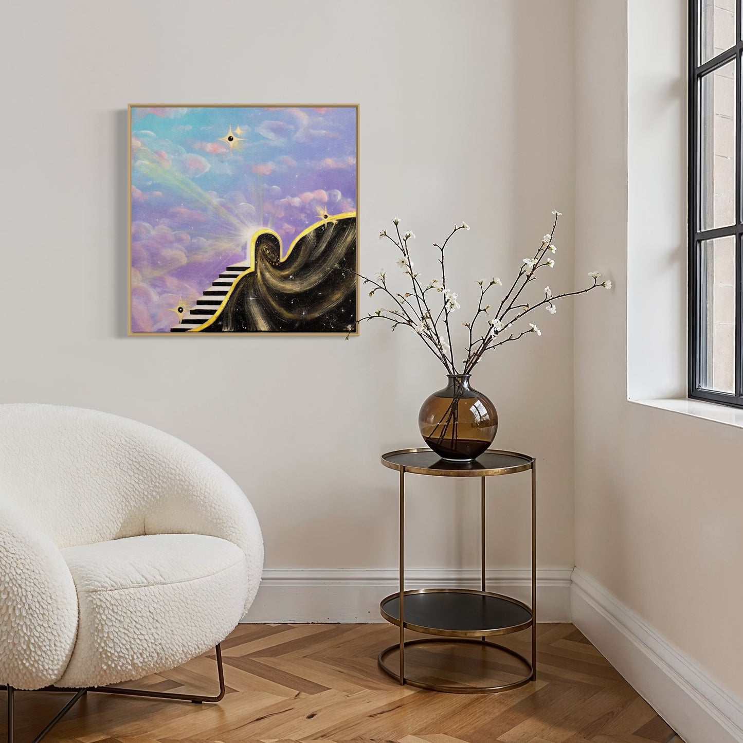 Framed artwork of a staircase leading to a star with light rays and a portal into space with a colorful blue and purple sky with clouds.