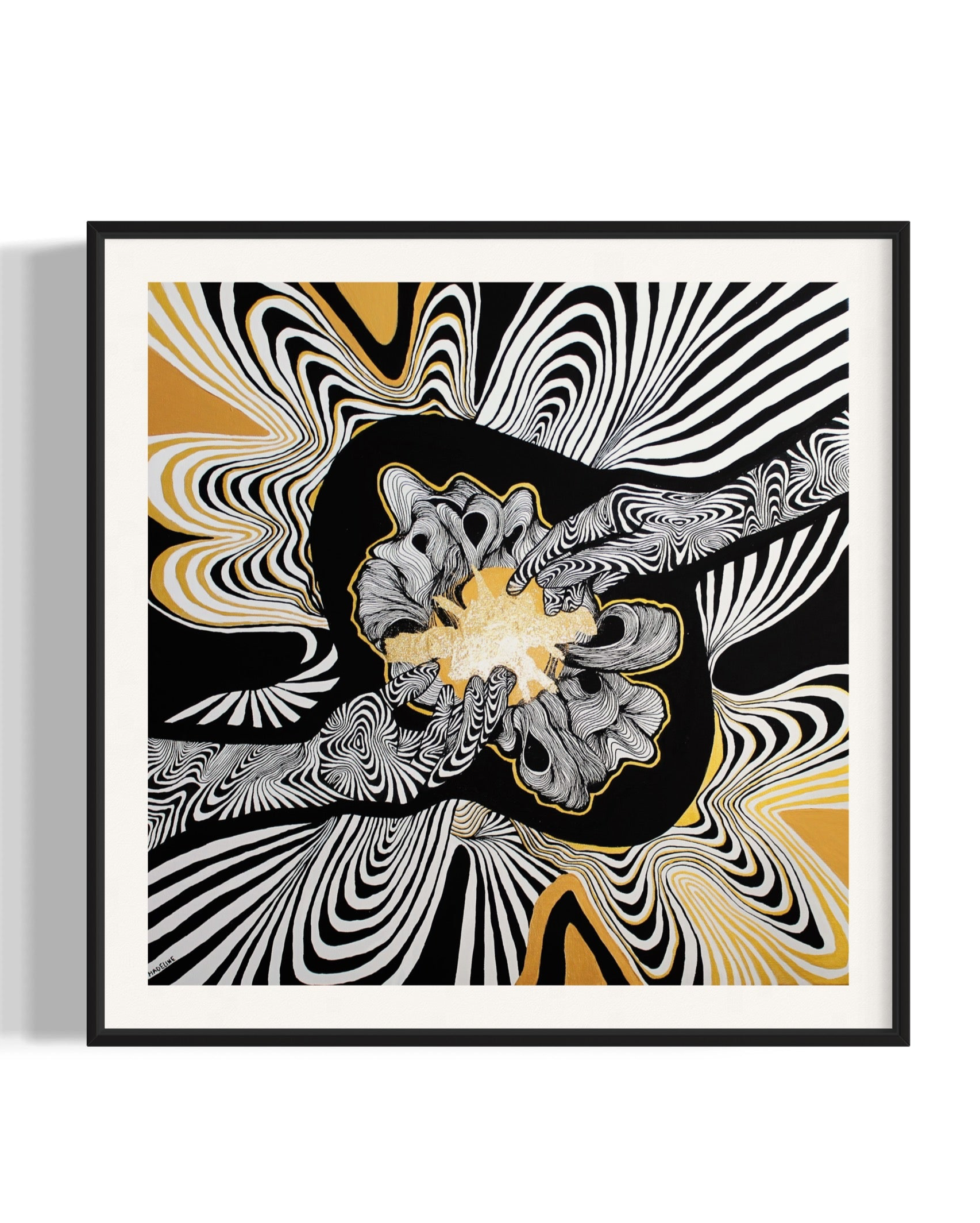 A framed giclée print featuring a abstract design with black and white hands touching and and an explosion of gold light, unravelling fine lines with black, white, gray, and yellow colors.