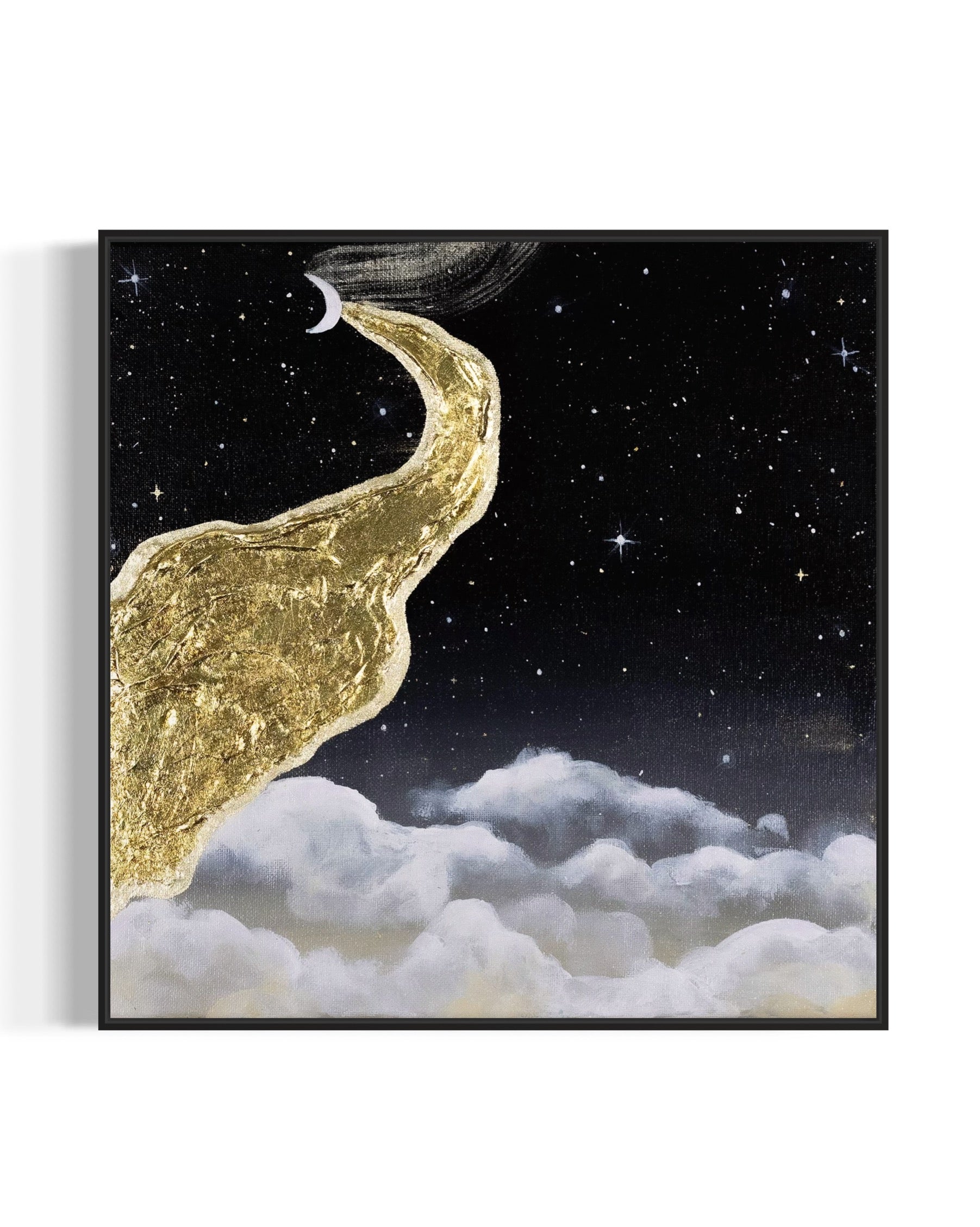 Framed dreamy artwork of a gold crescent moon and cloud against a starry night sky.