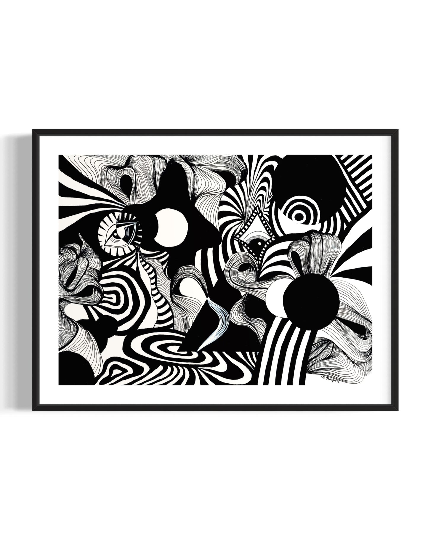 Abstract black and white artwork with swirling patterns, whimsical linework, eyes, and psychedelic patterns on a white background