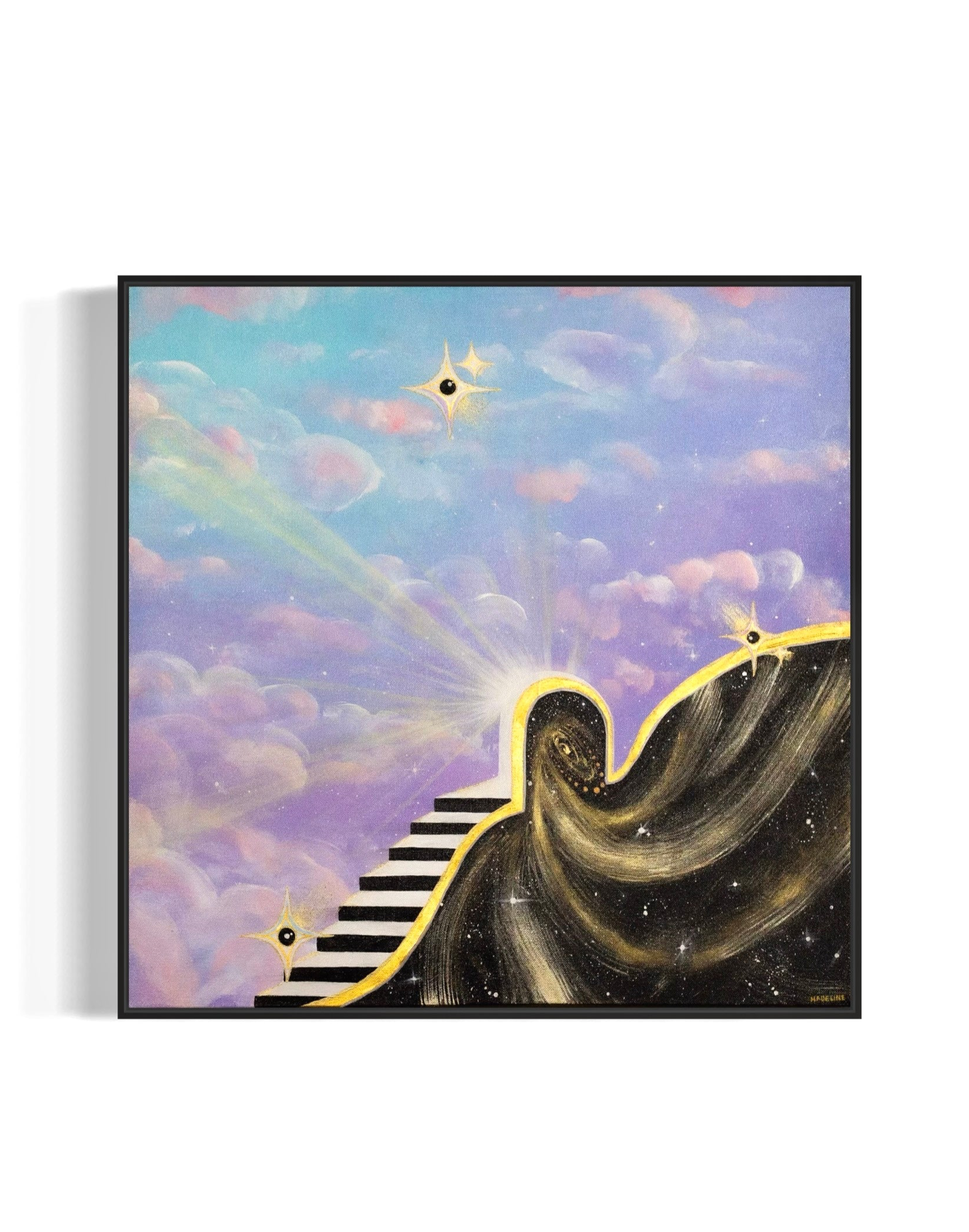Framed artwork of a staircase leading to a star with light rays and a portal into space with a colorful blue and purple sky with clouds.