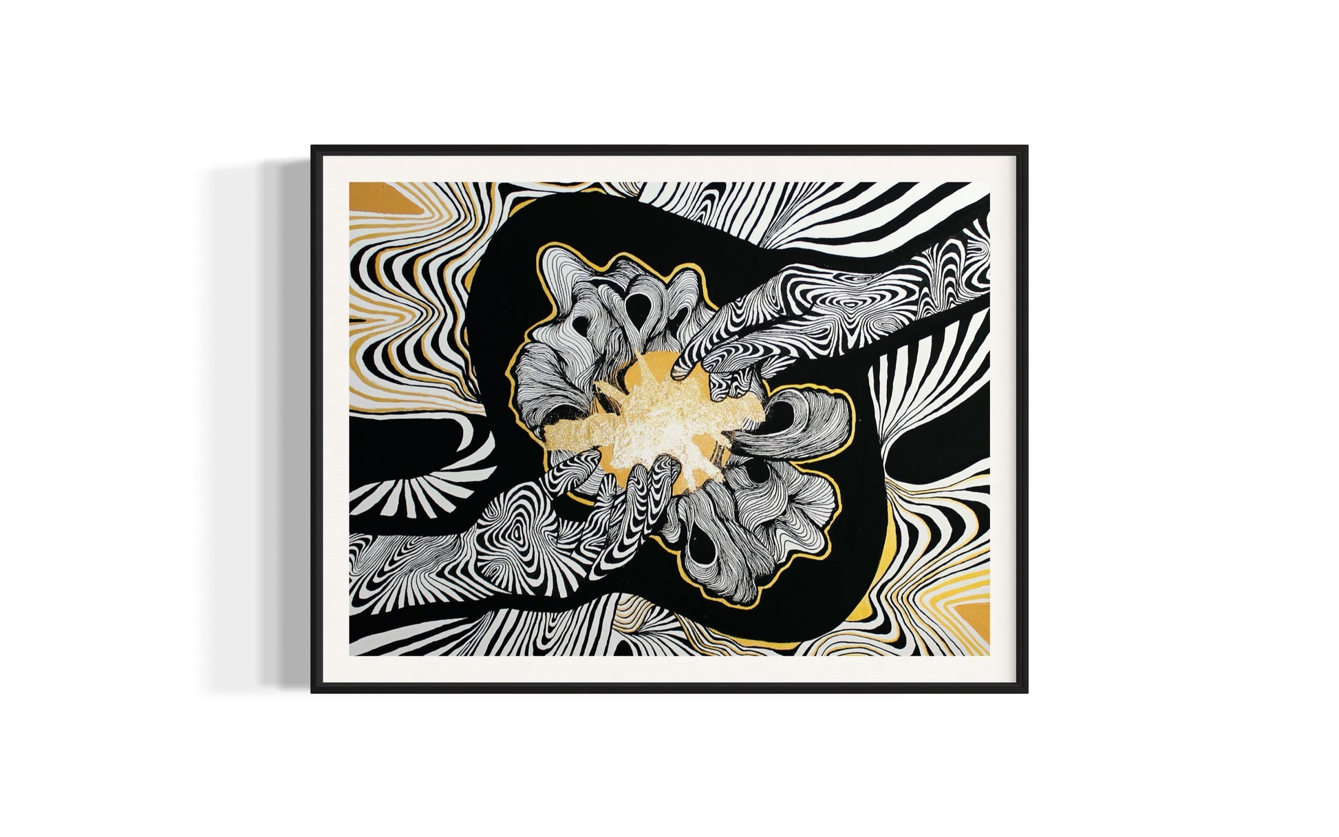 A framed giclée print featuring a abstract design with black and white hands touching and and an explosion of gold light, unravelling fine lines with black, white, gray, and yellow colors.
