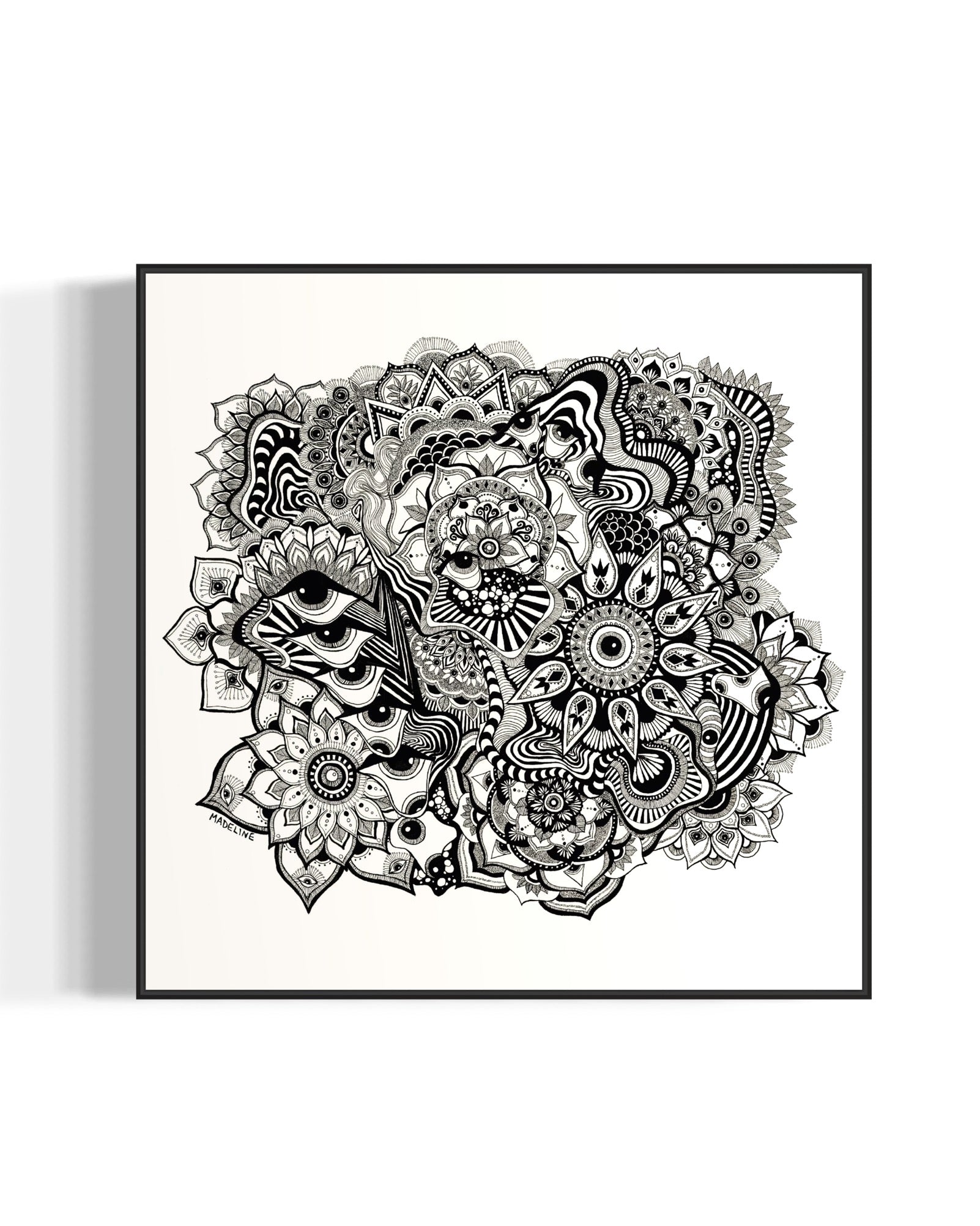 Framed black and white abstract art with eyes, mandalas, and fine line whimsical detail