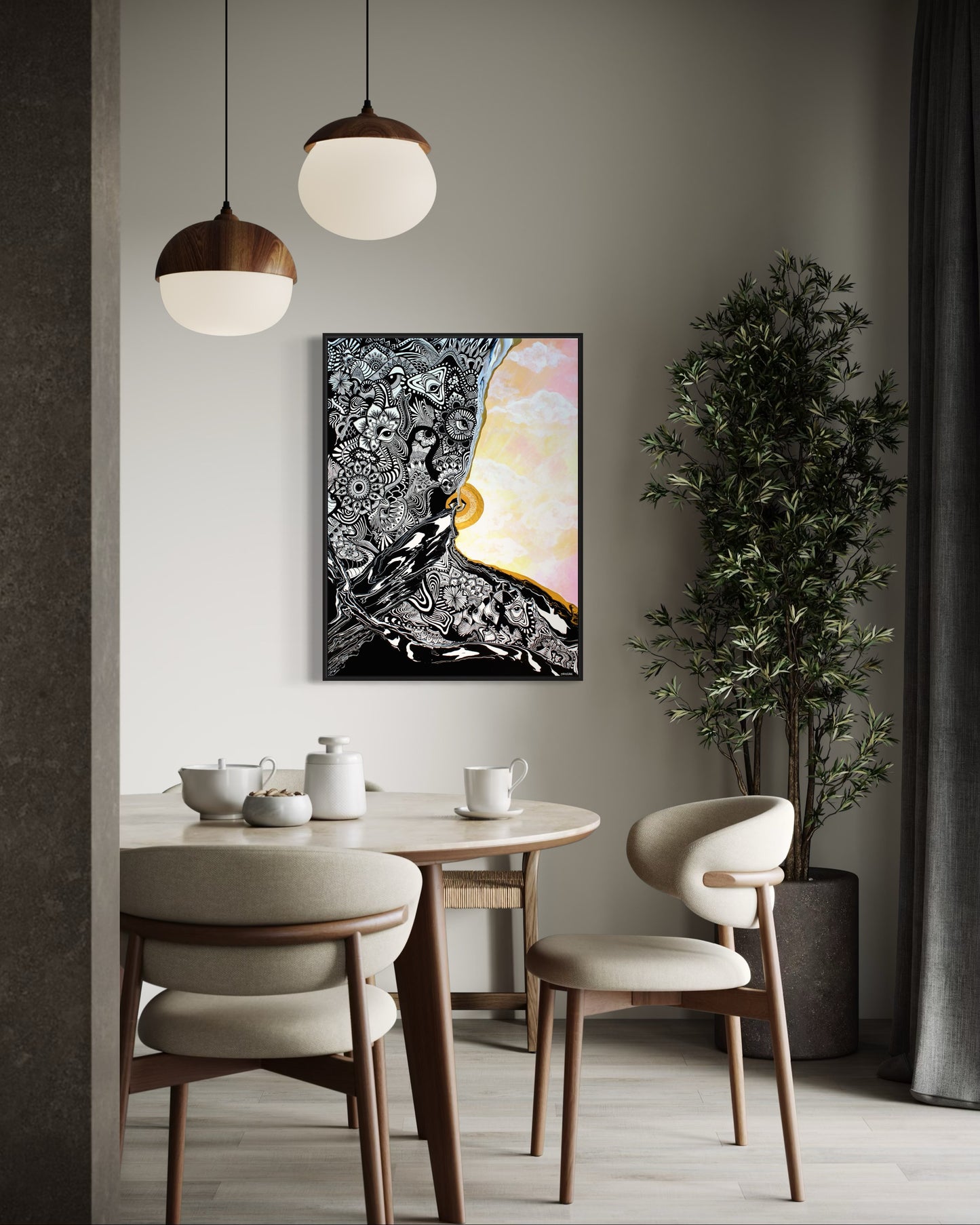 spiritual abstract artwork with an eye and half of a pink and yellow pastel sky, and half black and white abstract fine line patterns