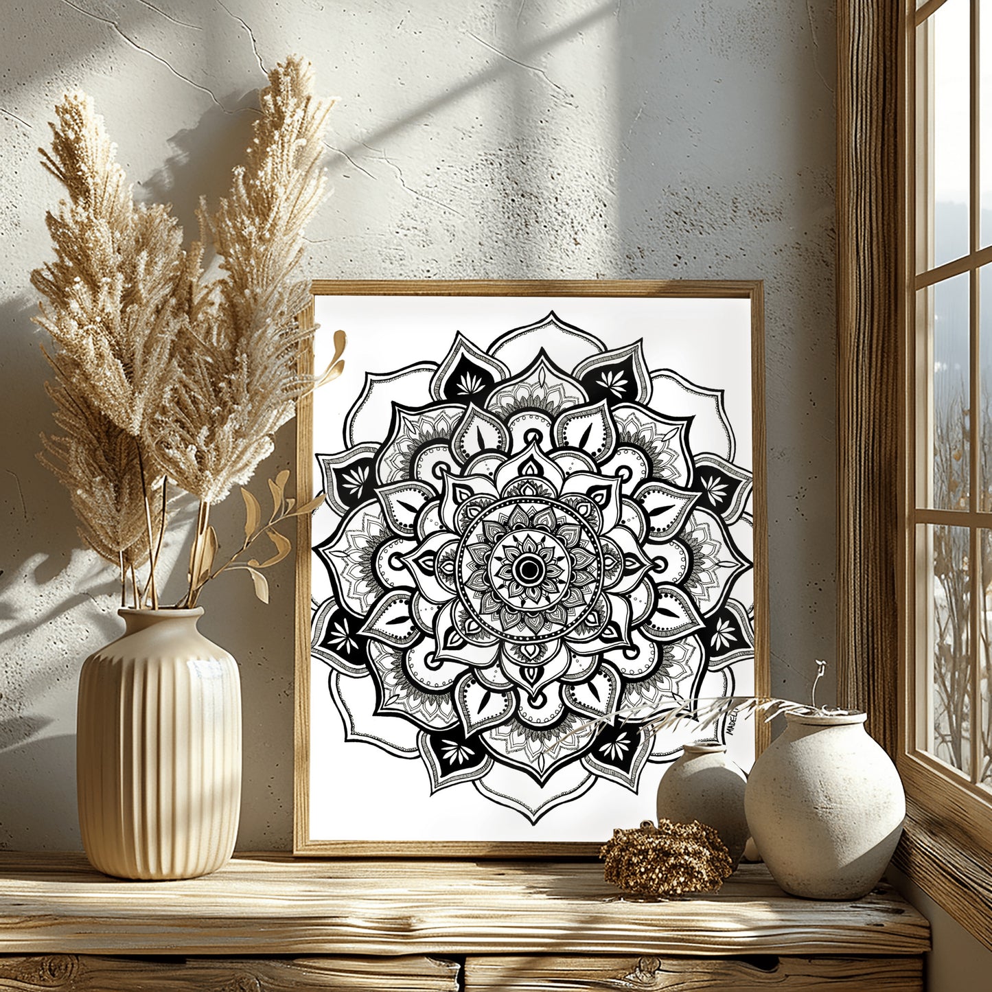 black and white floral mandala artwork