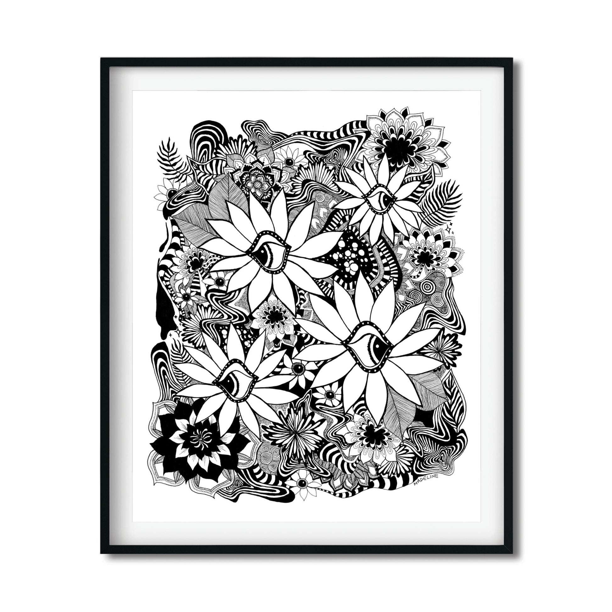 black and white abstract botanical artwork with eyes inside daisies and a whimsical fine linework background
