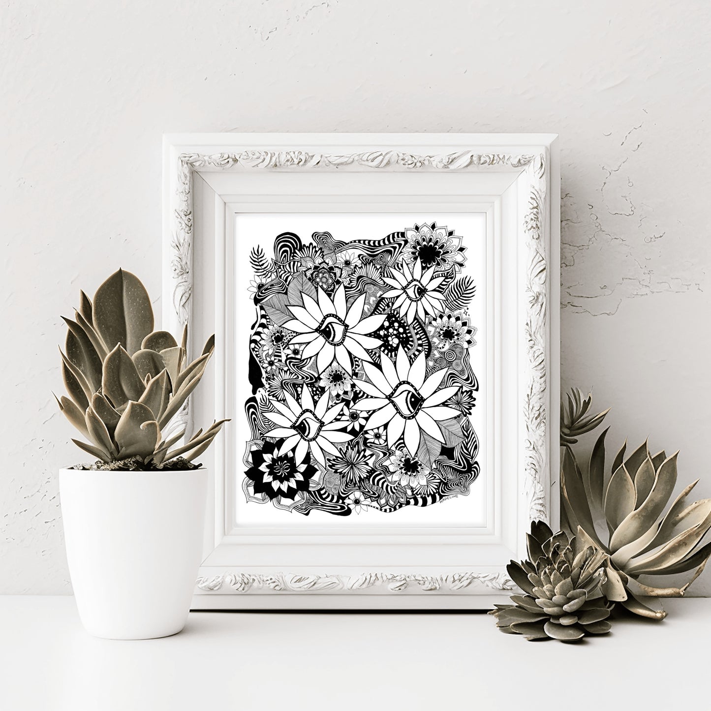 black and white abstract botanical artwork with eyes inside daisies and a whimsical fine linework background