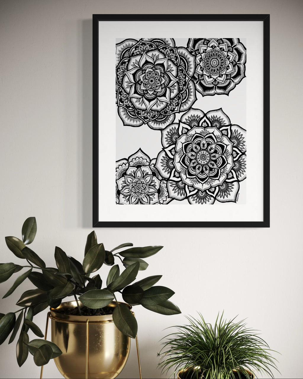 A fine art giclée print featuring four detailed black and white floral mandalas