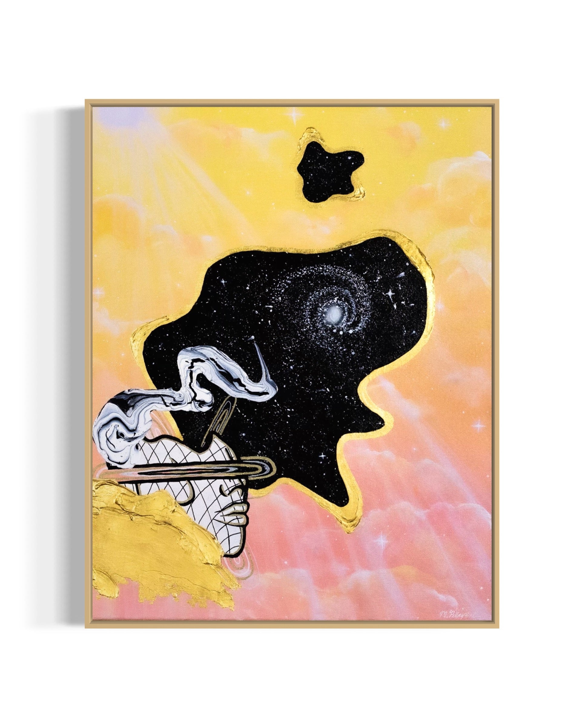 Framed abstract celestial artwork with a black cosmic space bubble, white swirl patterns, a silhouette, and yellow and pink pastel cloud background.