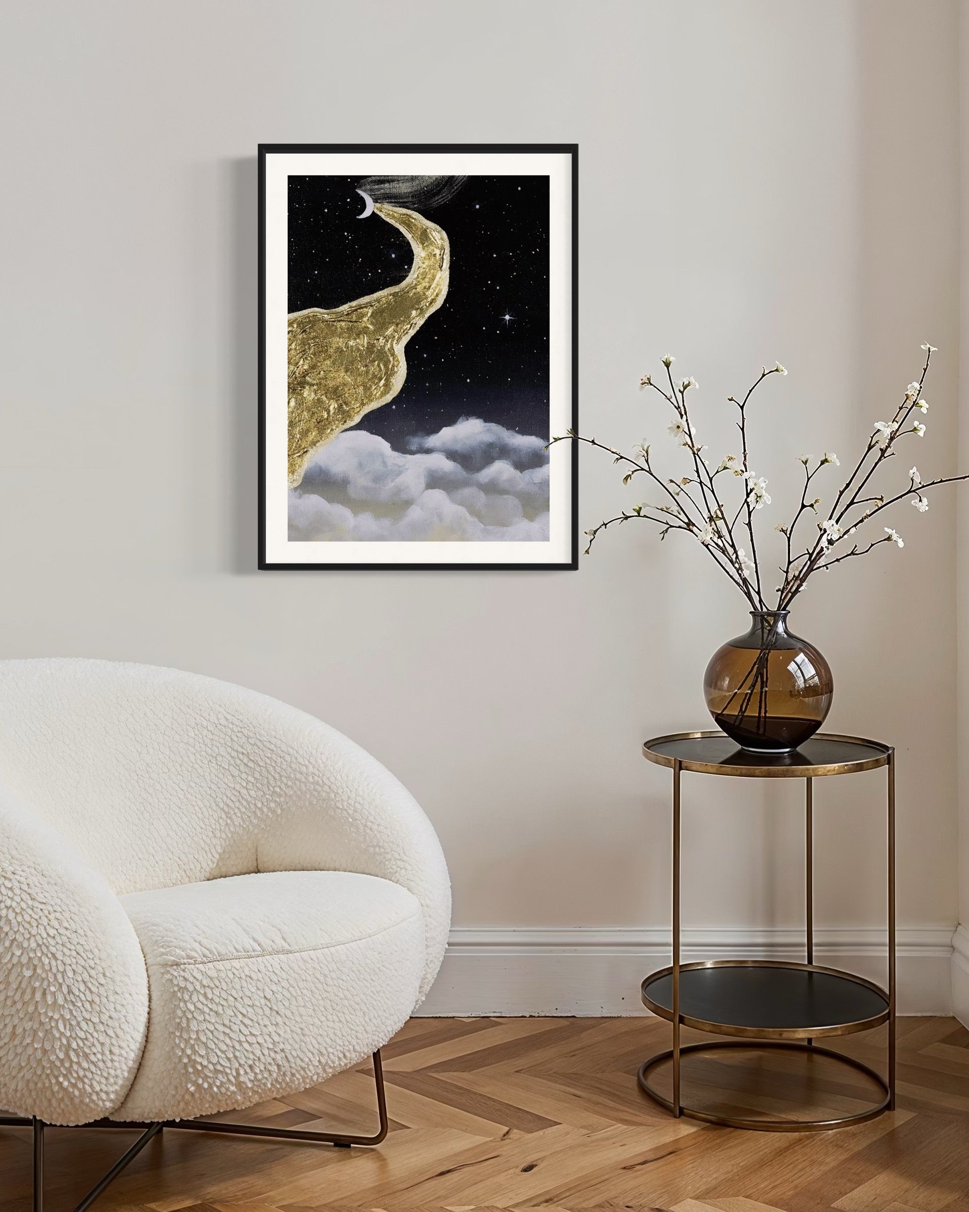 Framed dreamy artwork of a gold crescent moon and cloud against a starry night sky.