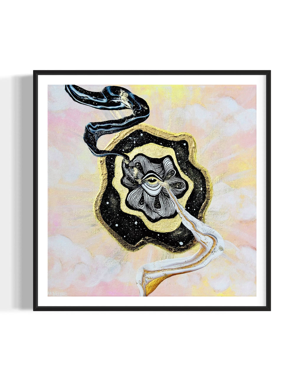 Framed artwork with a black and gold abstract swirls coming out of golden eye on a night sky over a pastel pink and yellow sky background