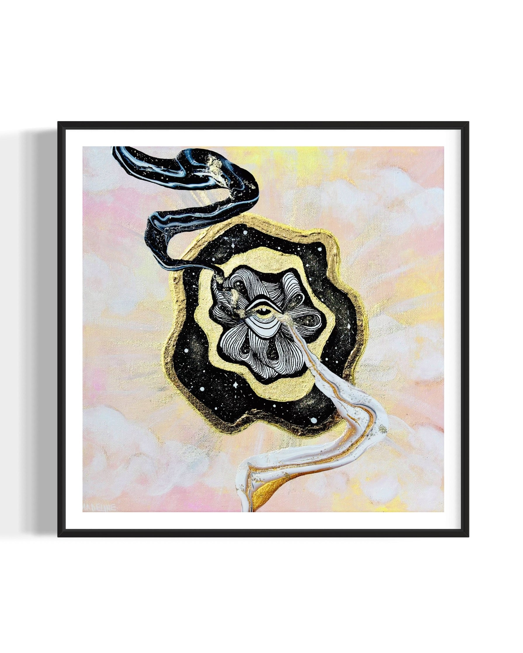 Framed artwork with a black and gold abstract swirls coming out of golden eye on a night sky over a pastel pink and yellow sky background