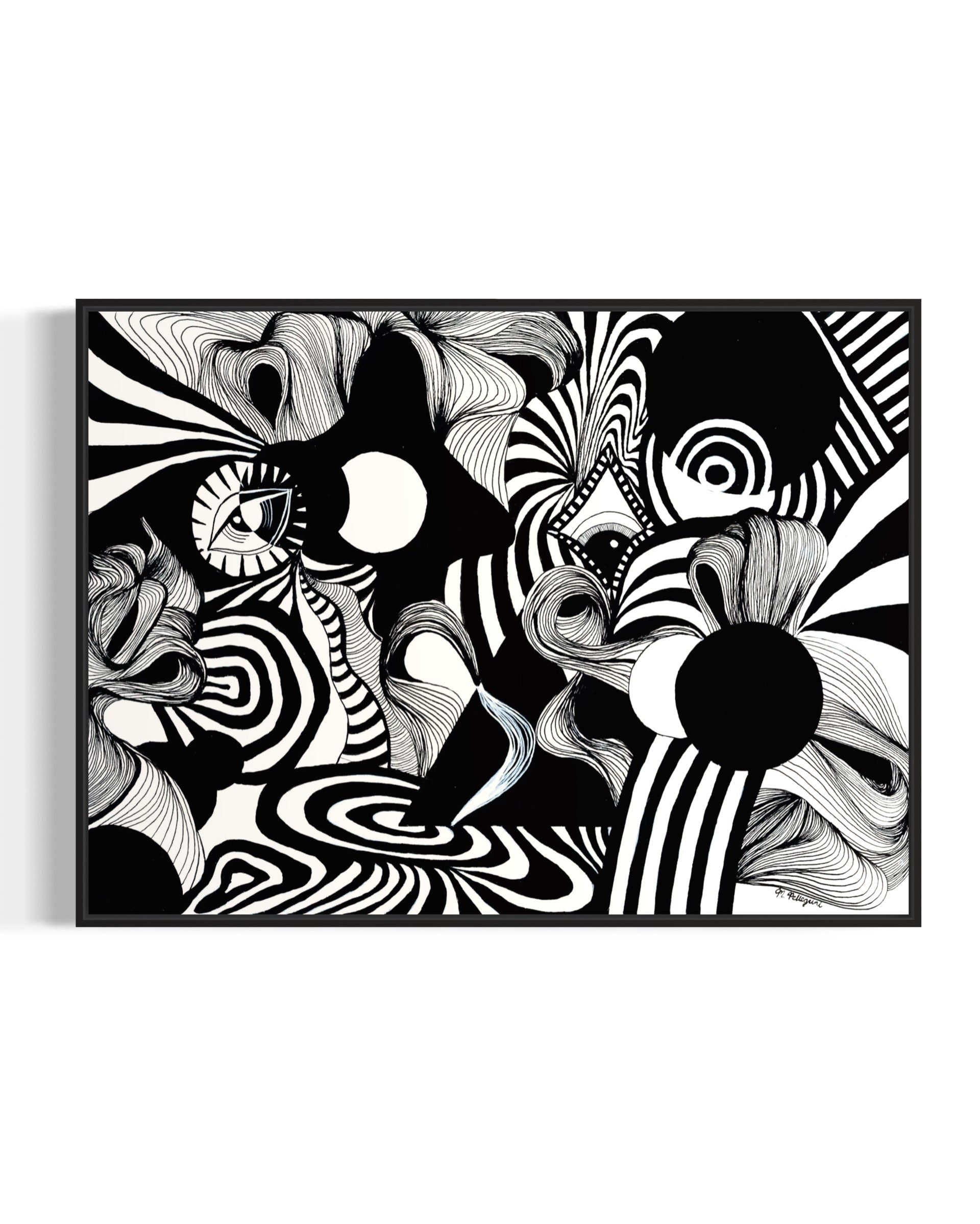 Abstract black and white artwork with swirling patterns, whimsical linework, eyes, and psychedelic patterns on a white background
