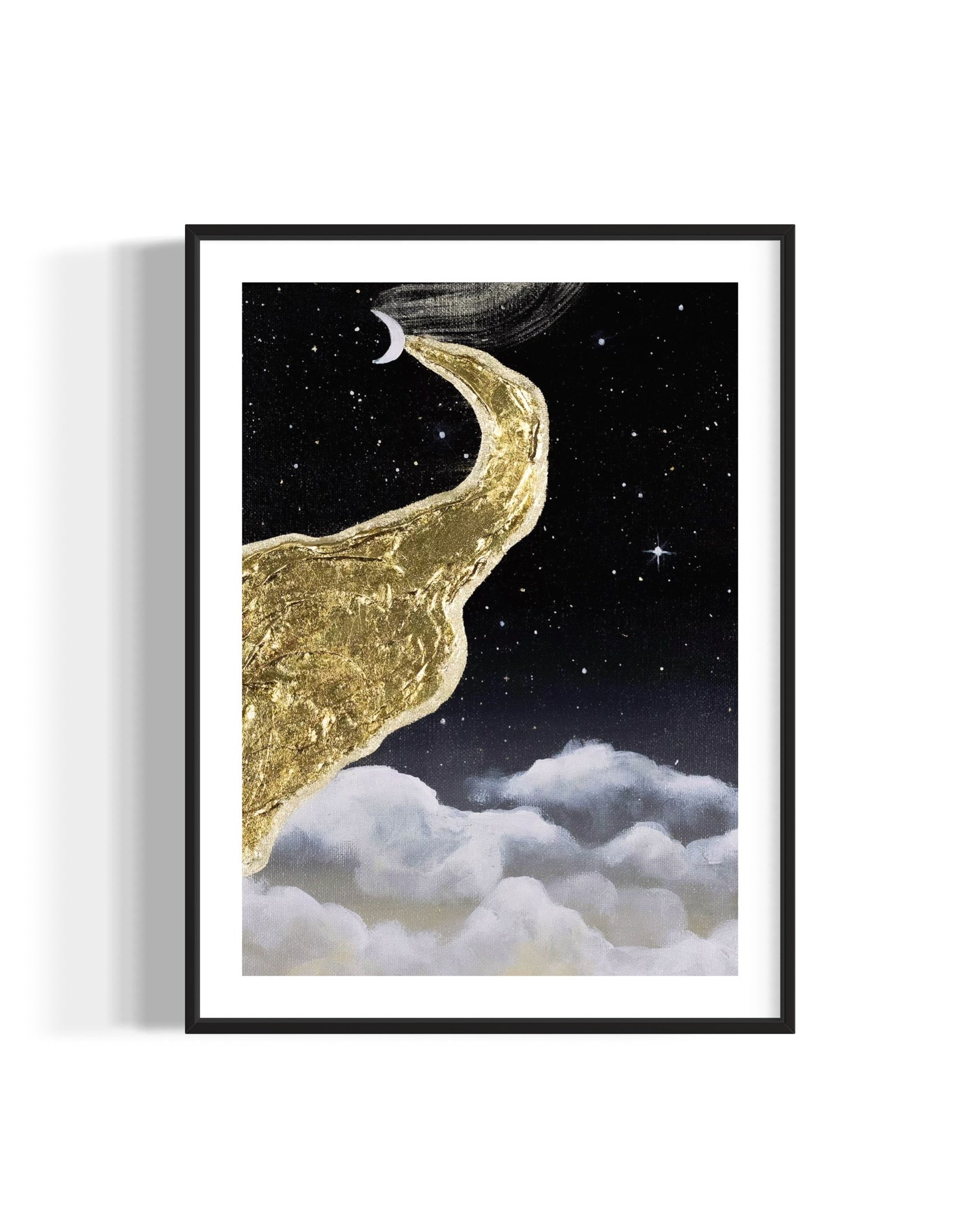 Framed dreamy artwork of a gold crescent moon and cloud against a starry night sky.
