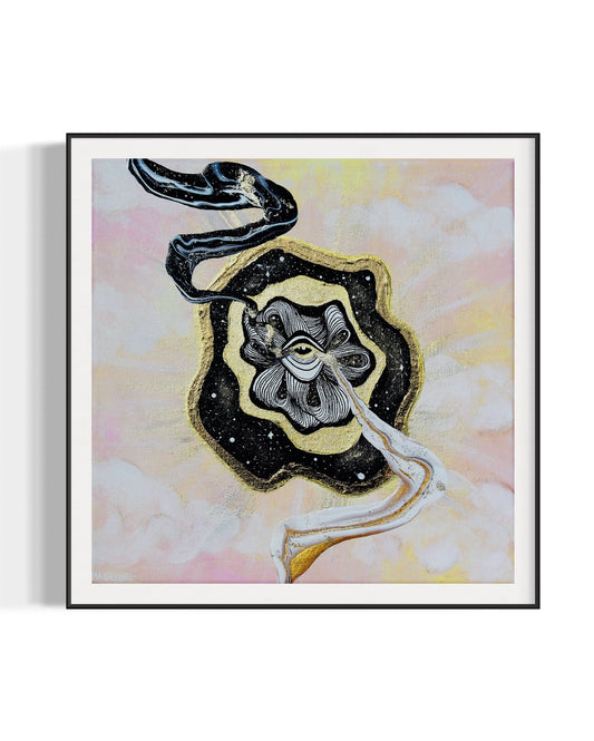 Framed artwork with pink and yellow cloud sky background, a golden eye, and abstract fluid art swirl.