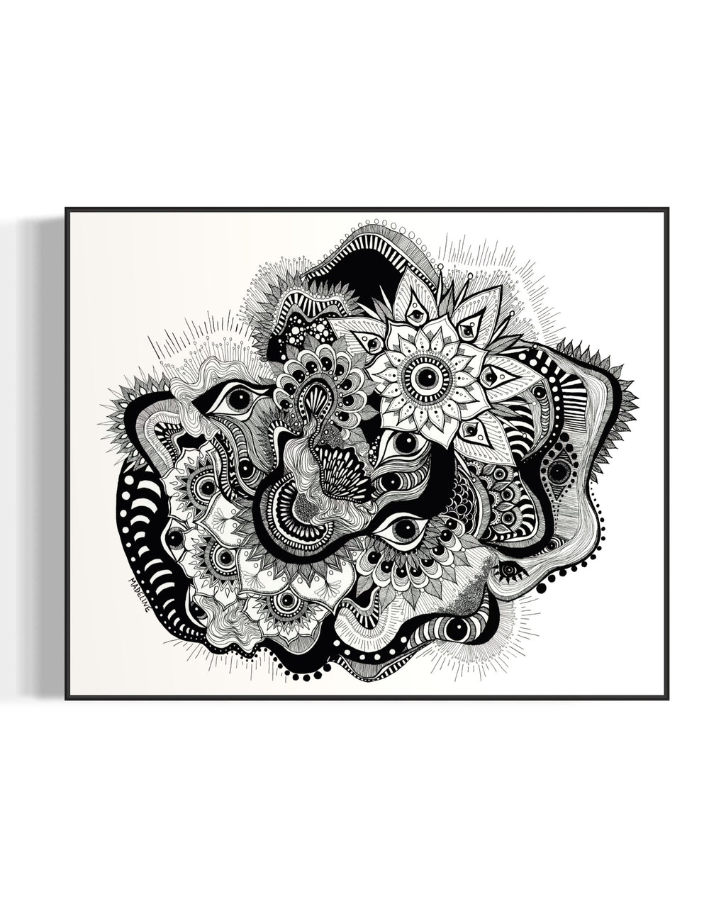Framed black and white abstract art with eyes, mandalas, and fine line whimsical detail