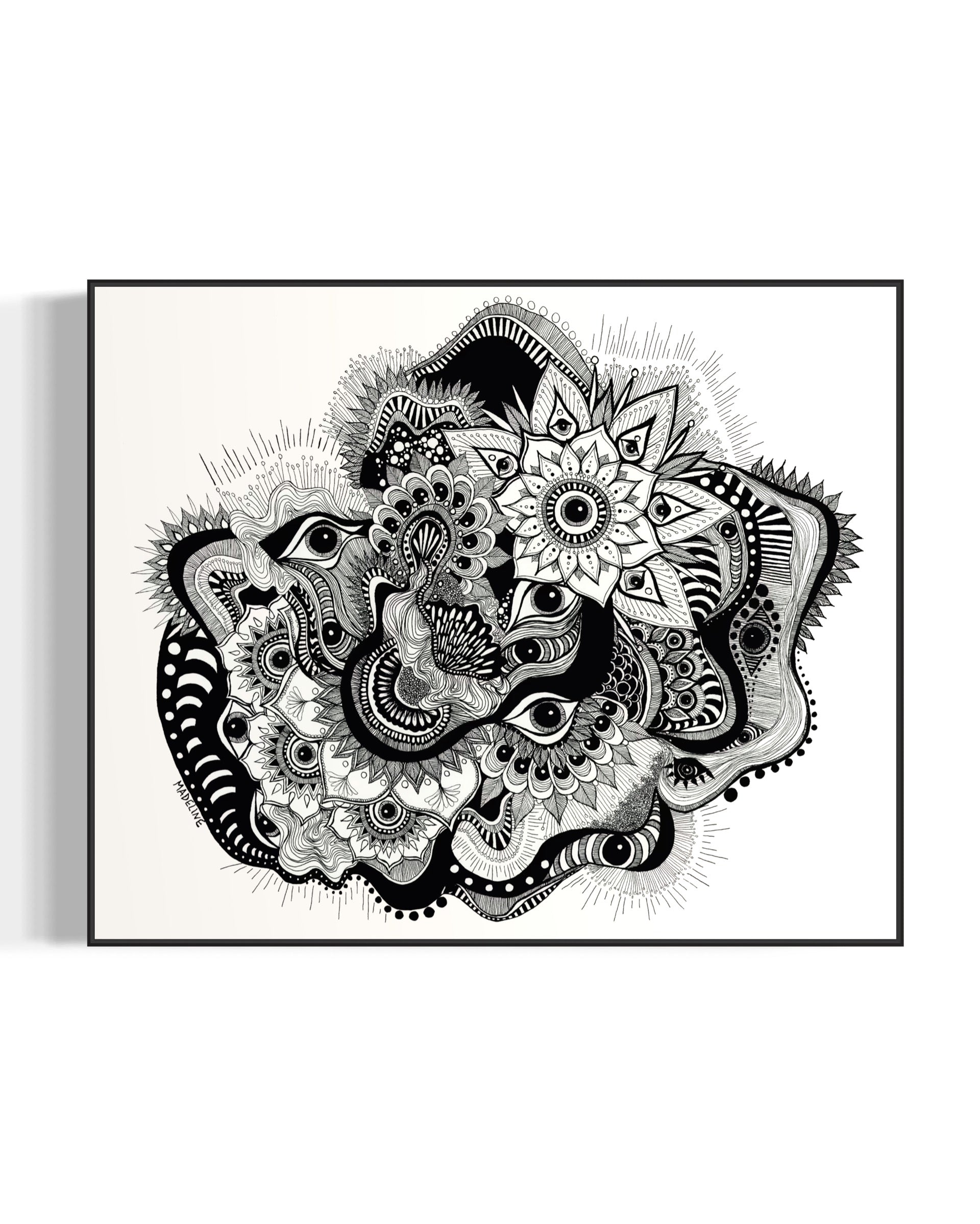 Framed black and white abstract art with eyes, mandalas, and fine line whimsical detail