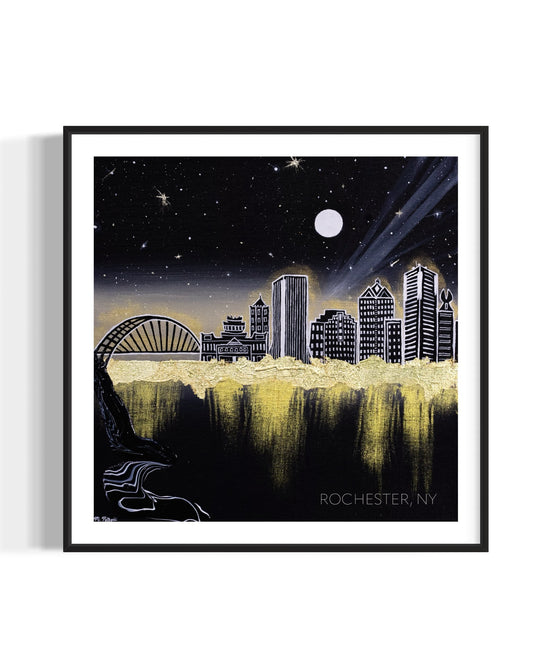 Framed artwork of Rochester, NY city skyline at night with a moonlit sky and glowing gold aura