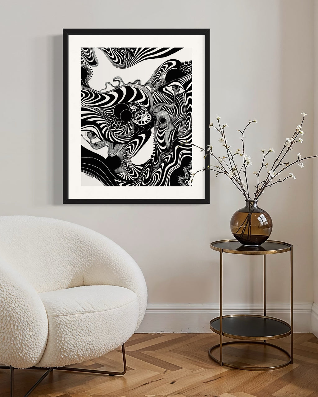 Framed black and white abstract artwork of flowing whimsical linework patterns coming out of eyes