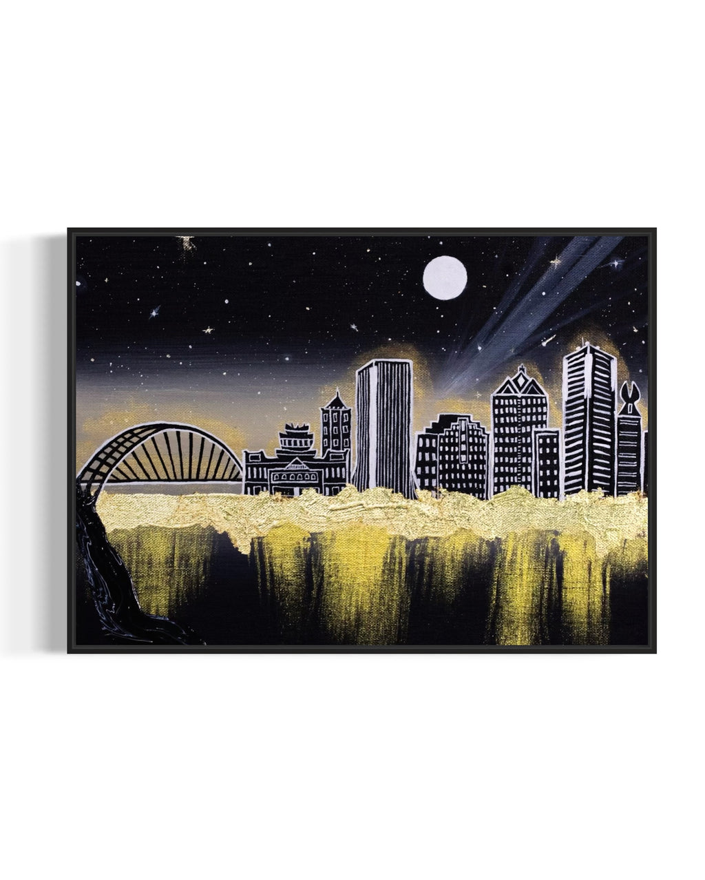 Framed artwork of Rochester, NY city skyline at night with a moonlit sky and glowing gold aura