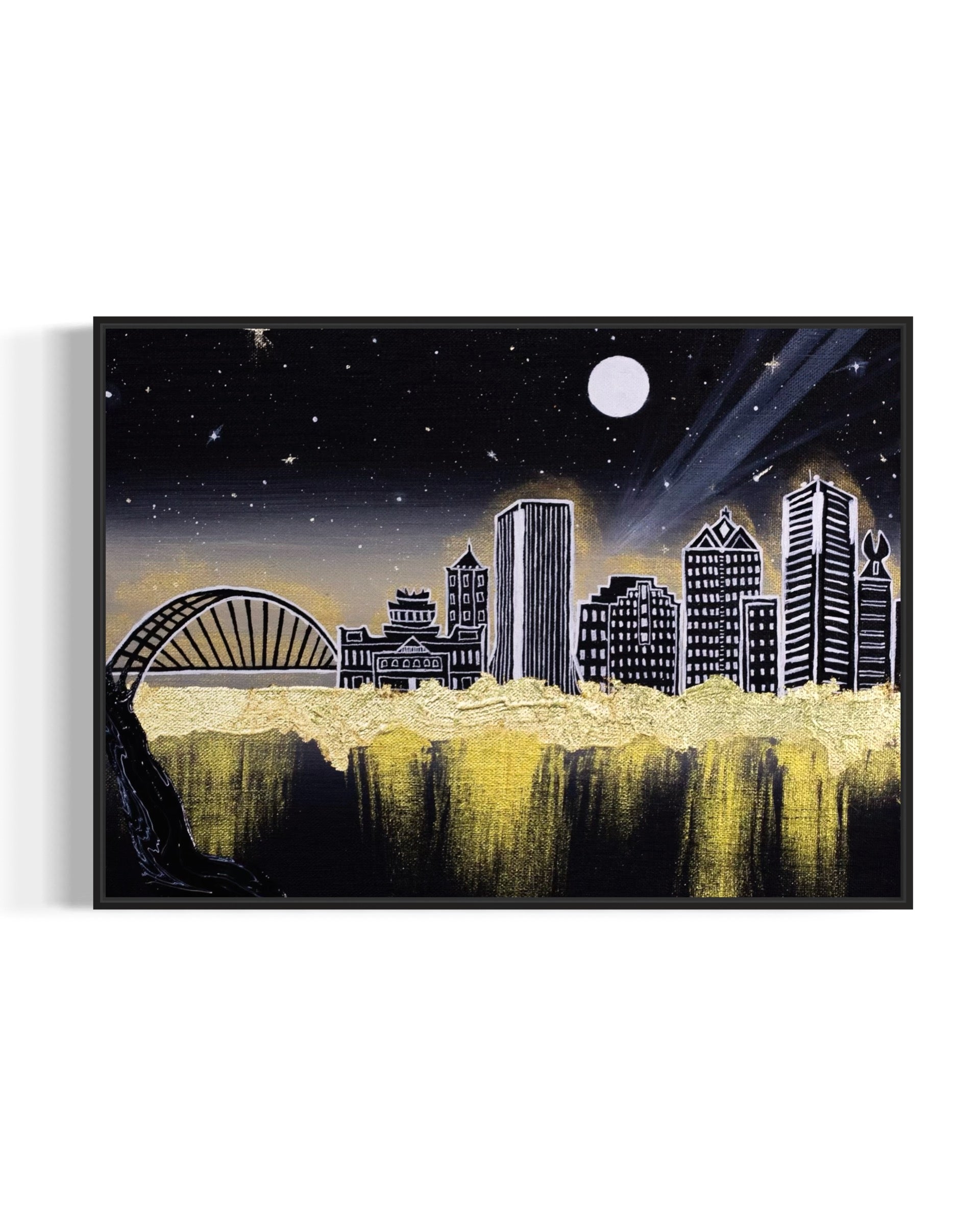 Framed artwork of Rochester, NY city skyline at night with a moonlit sky and glowing gold aura