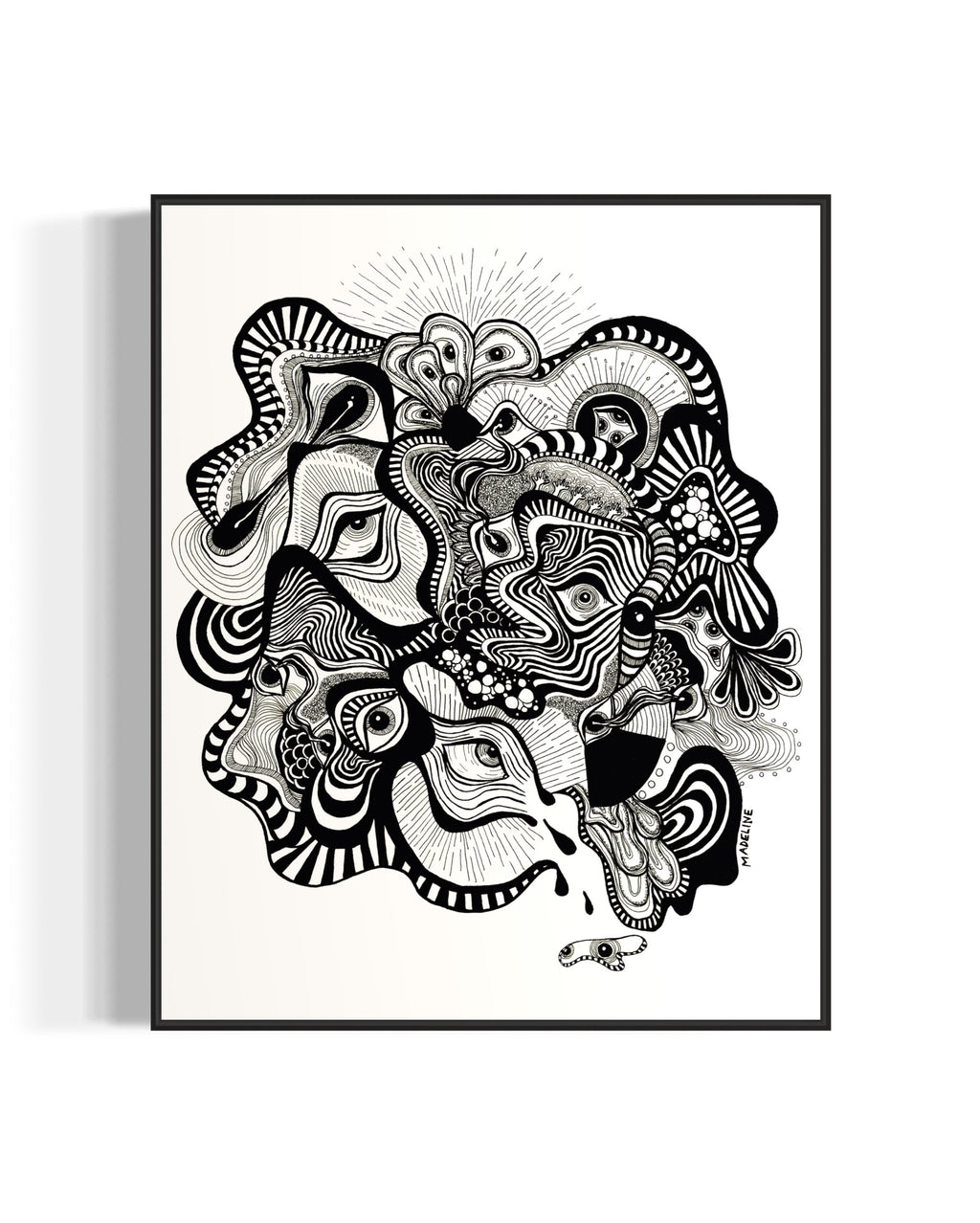 Framed black and white abstract artwork filled with eyes and whimsical linework patterns on a white background
