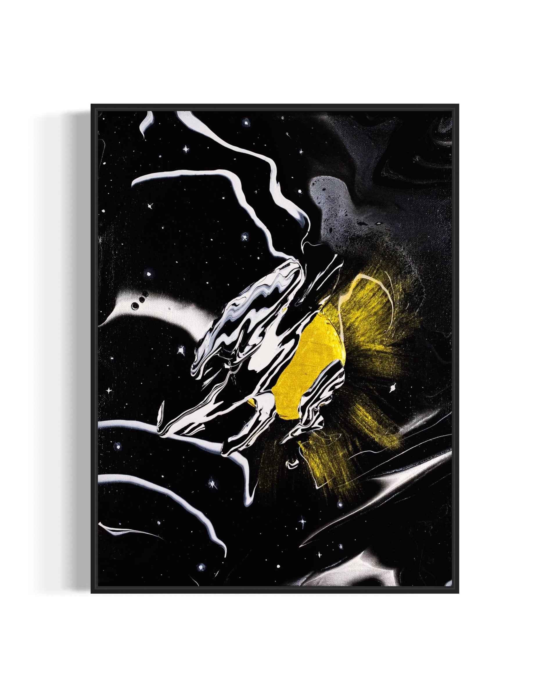 Abstract artwork with a gold acrylic sun and abstract moon on a black starry night silver and black background