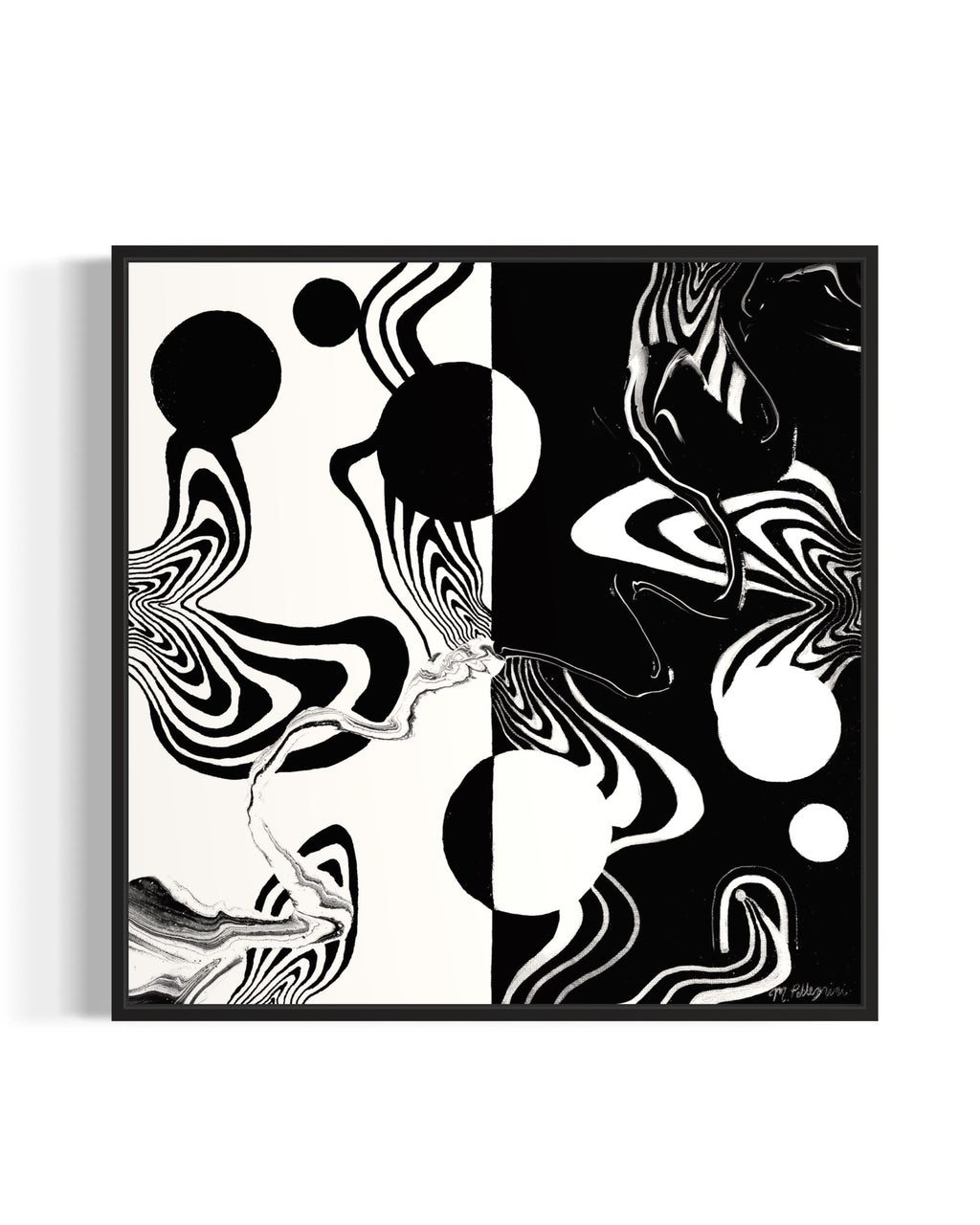 Abstract black and white artwork with swirling patterns, circle, and whimsical linework on a white background