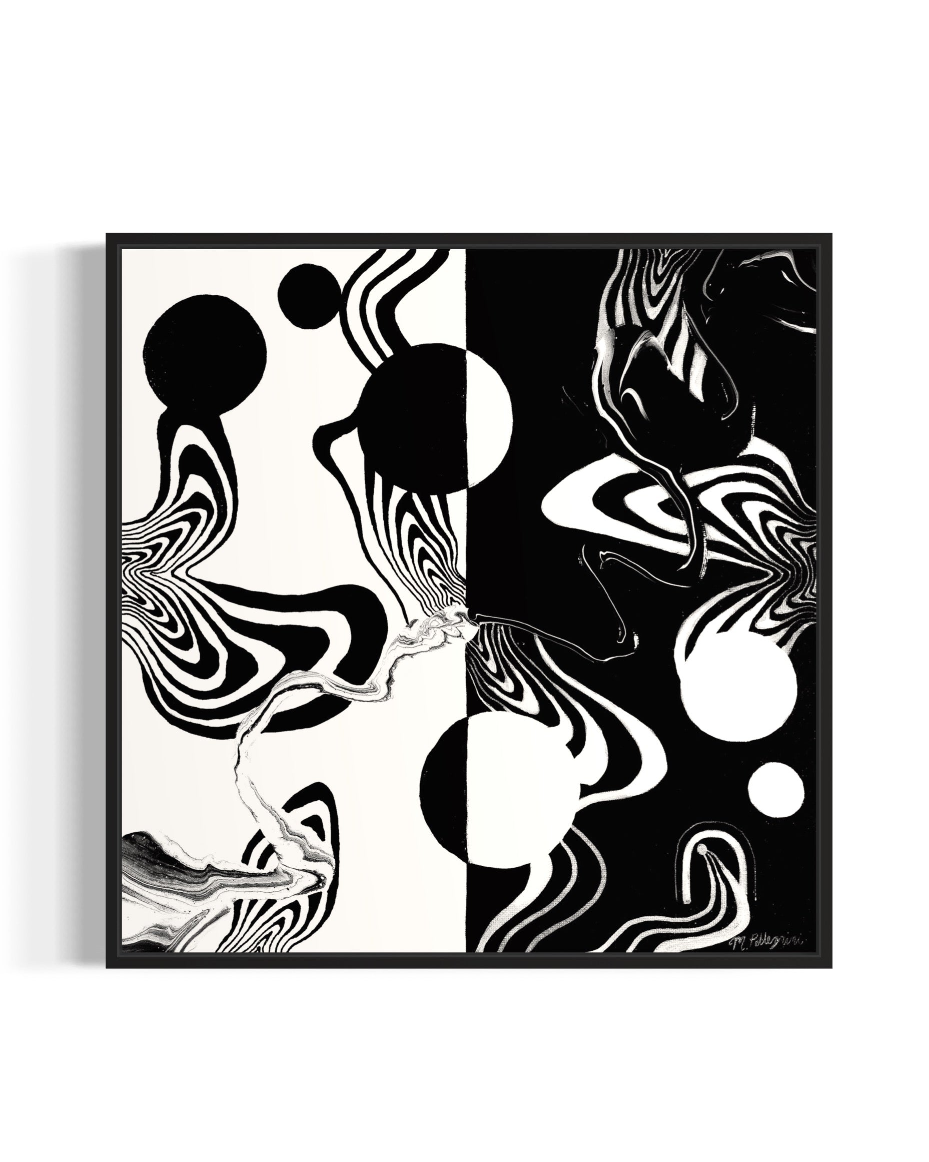 Abstract black and white artwork with swirling patterns, circle, and whimsical linework on a white background