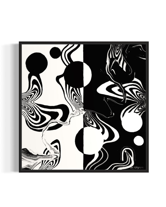Abstract black and white artwork with swirling patterns, circle, and whimsical linework on a white background