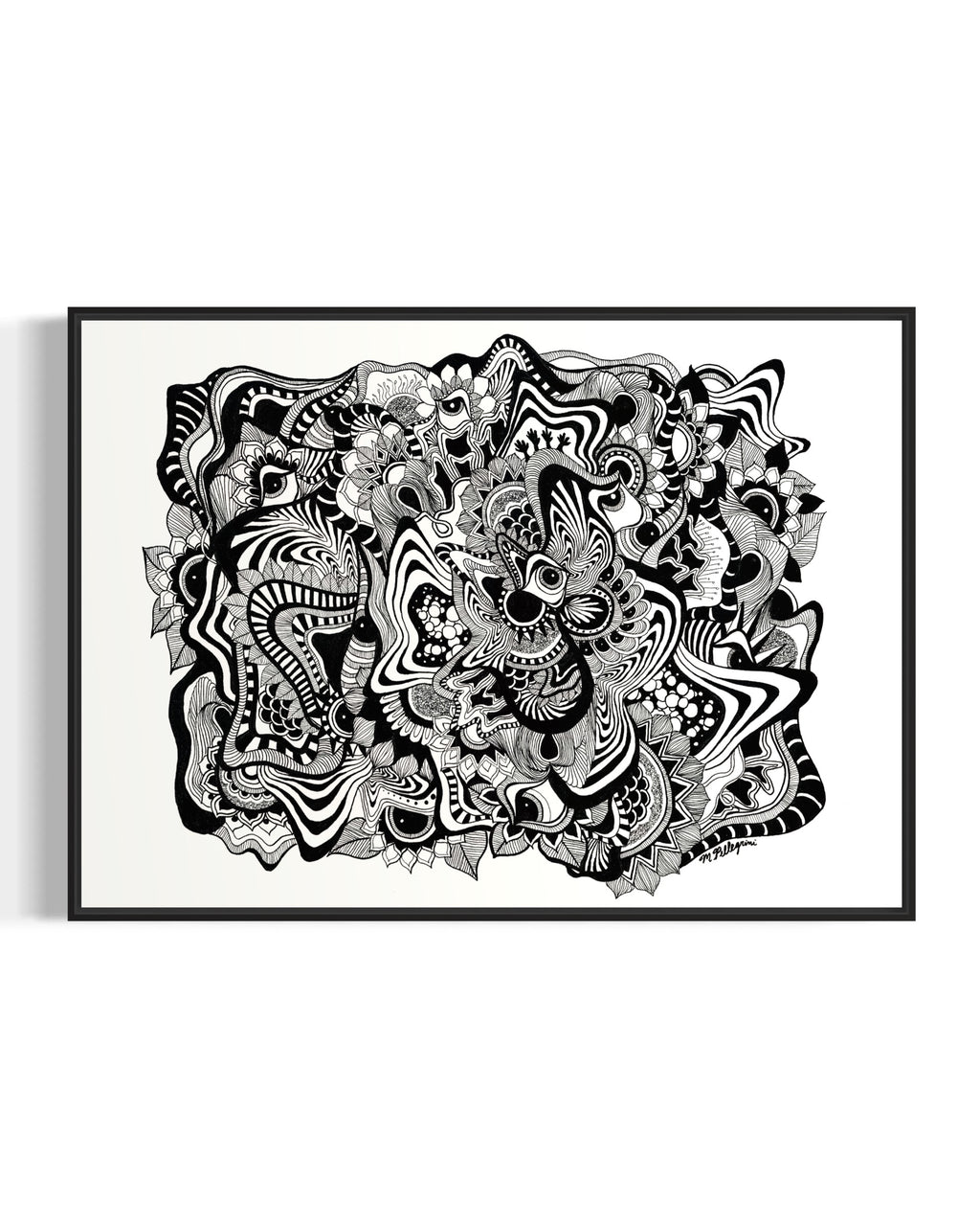 Framed black and white abstract geometric artwork with eyes, whimsical linework and botanicals on a white background