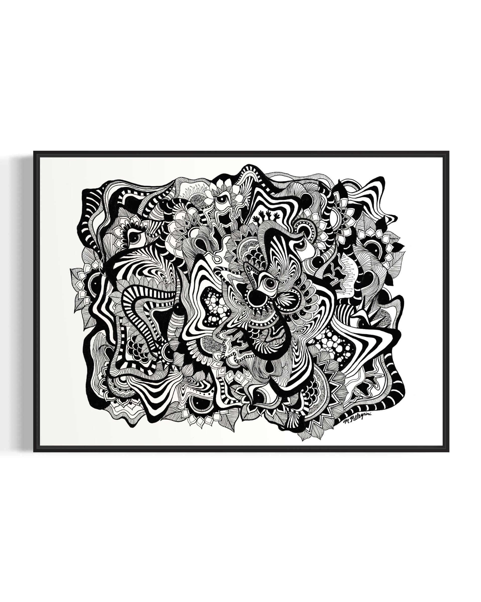 Framed black and white abstract geometric artwork with eyes, whimsical linework and botanicals on a white background