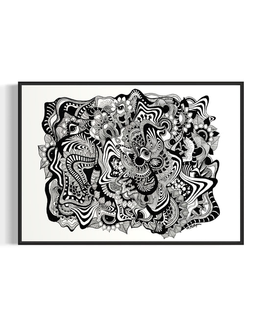 Framed black and white abstract geometric artwork with eyes, whimsical linework and botanicals on a white background