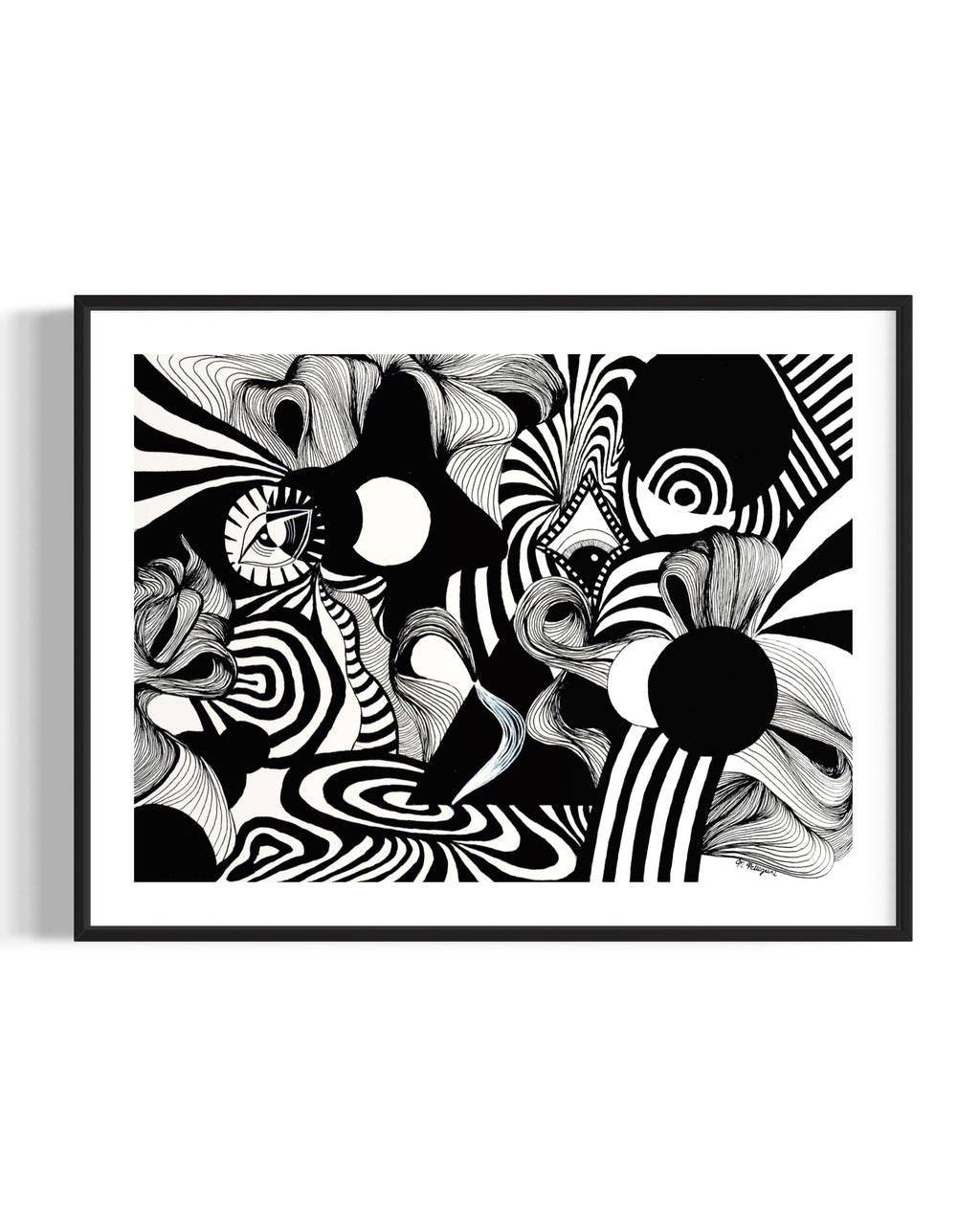 Abstract black and white artwork with swirling patterns, whimsical linework, eyes, and psychedelic patterns on a white background