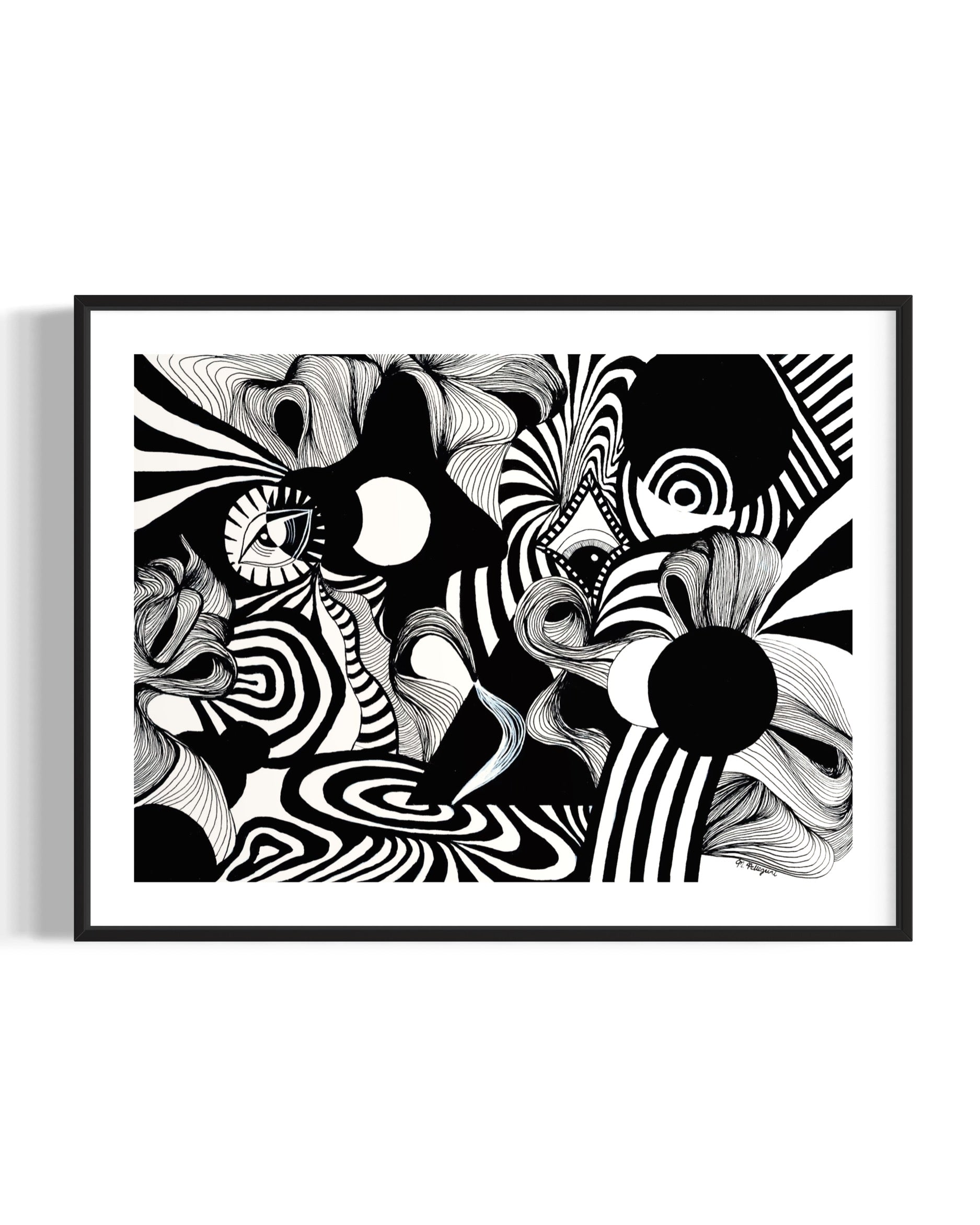 Abstract black and white artwork with swirling patterns, whimsical linework, eyes, and psychedelic patterns on a white background