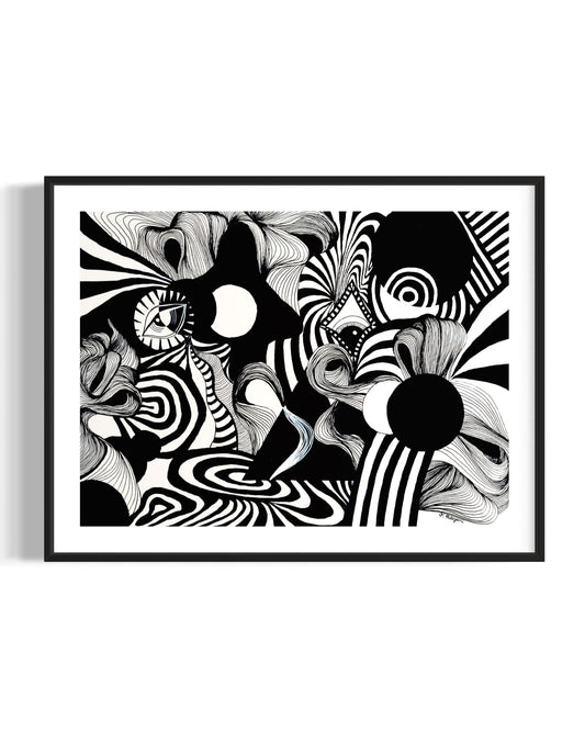 Abstract black and white artwork with swirling patterns, whimsical linework, eyes, and psychedelic patterns on a white background