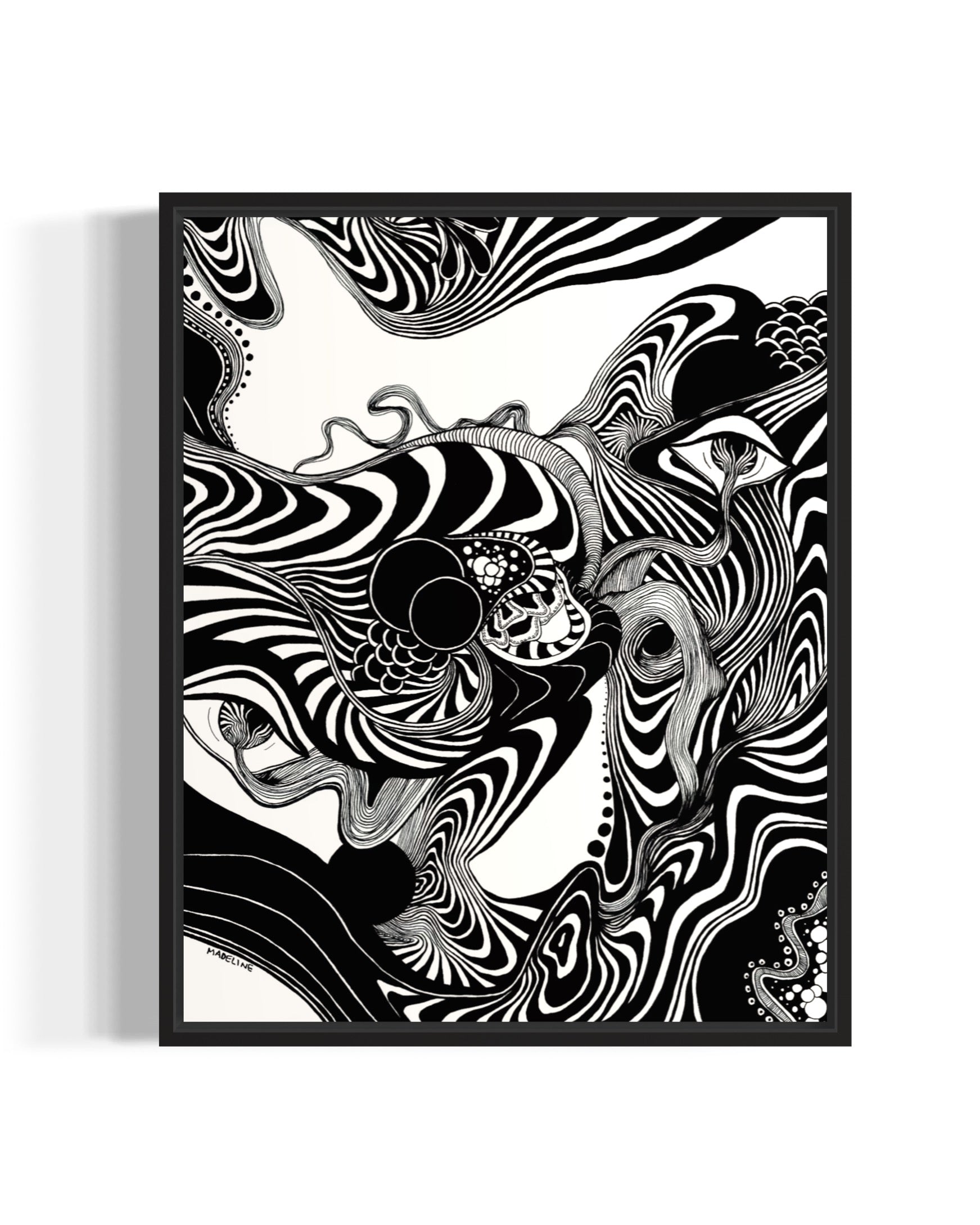 Framed black and white abstract artwork of flowing whimsical linework patterns coming out of eyes