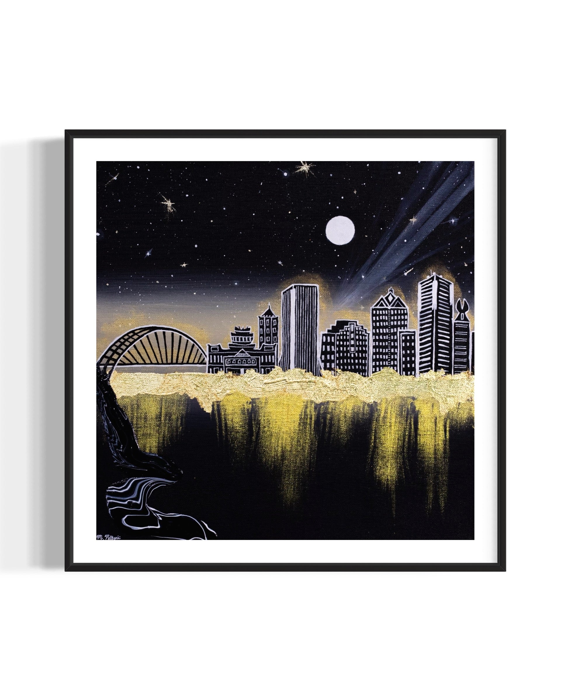Framed artwork of Rochester, NY city skyline at night with a moonlit sky and glowing gold aura