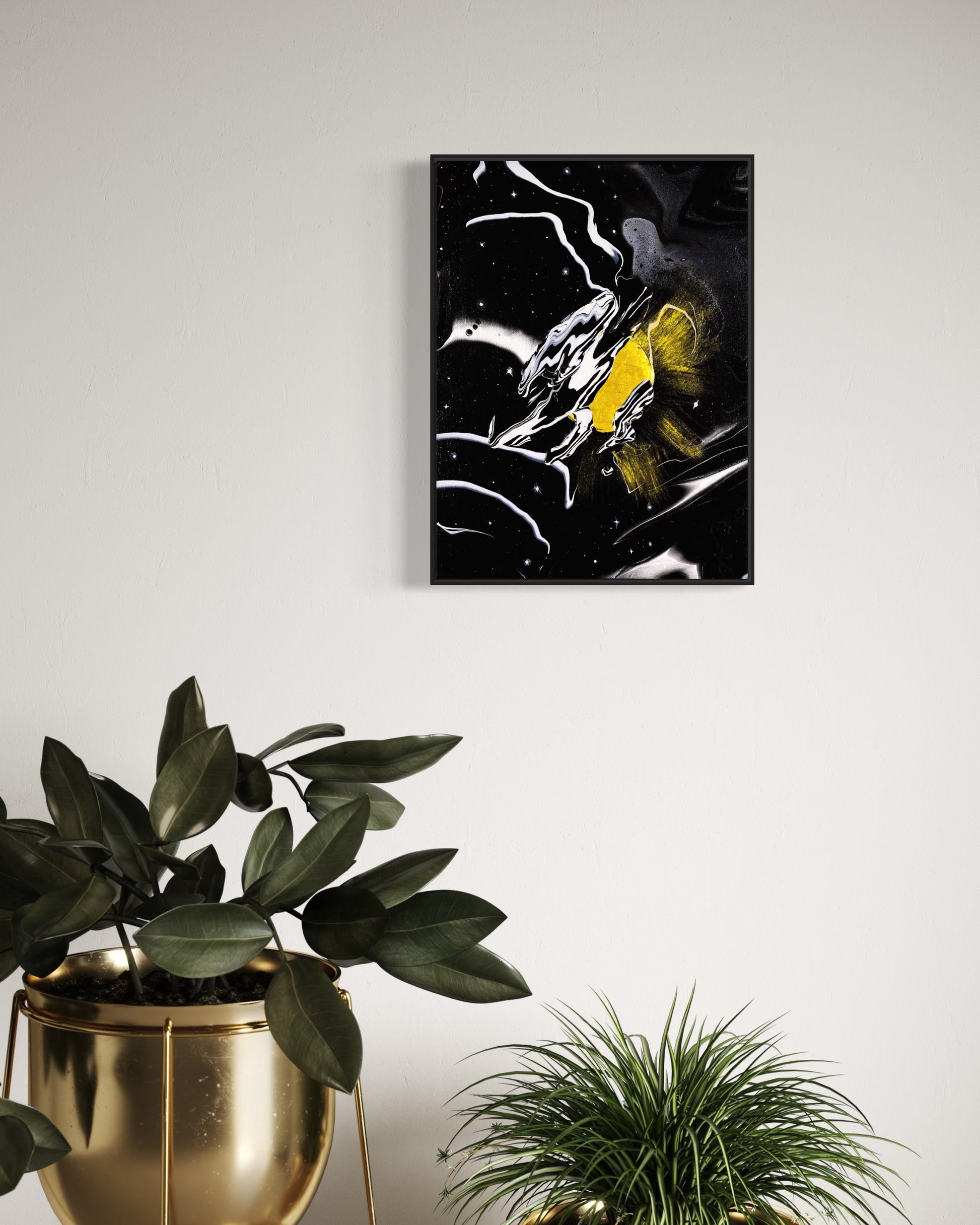 Abstract artwork with a gold acrylic sun and abstract moon on a black starry night silver and black background