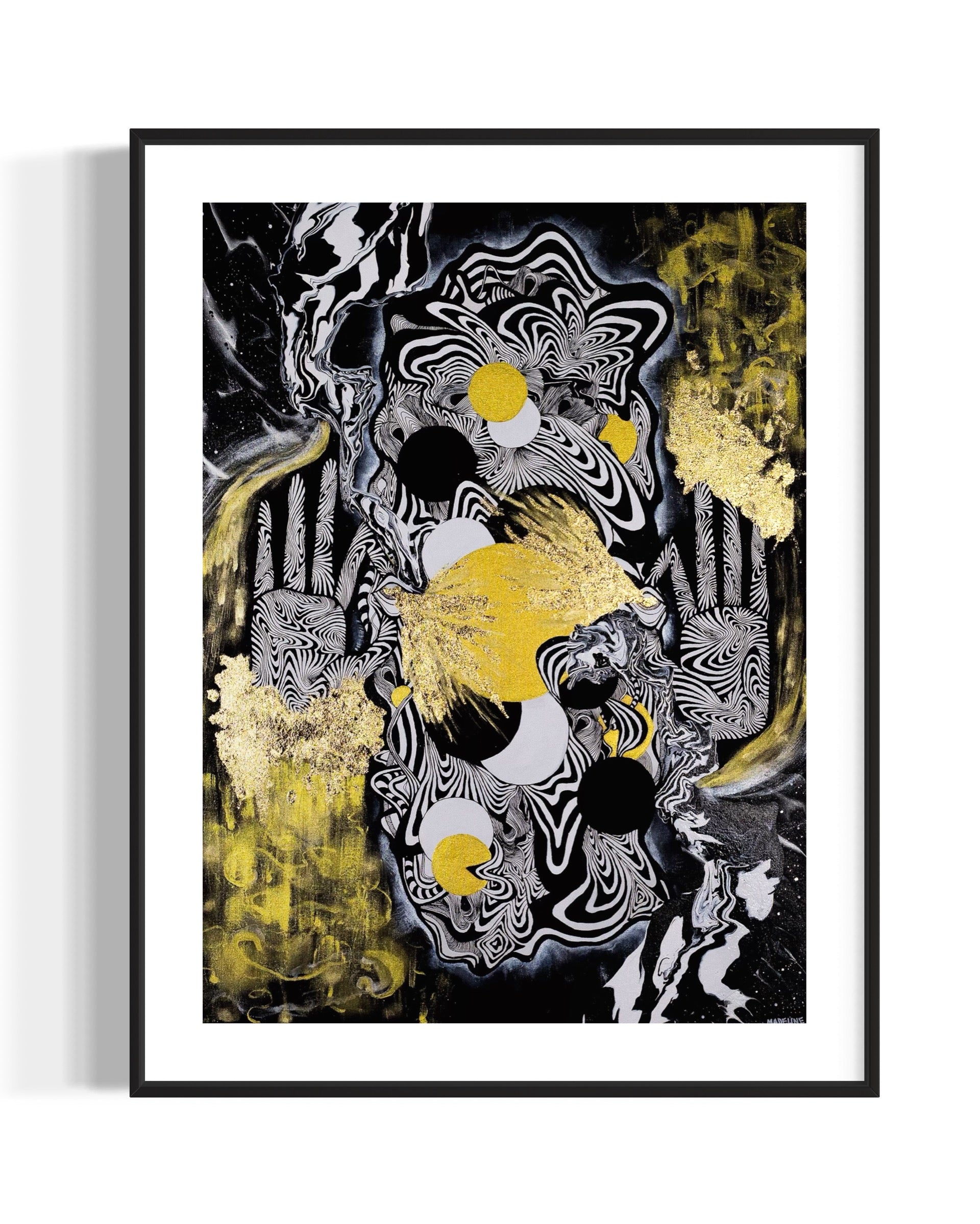 Abstract celestial artwork with black, white, gold and yellow colors with gold leaf, eyes, linework, and abstract hands in a black frame.