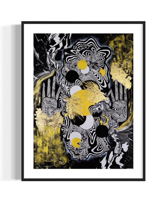 Abstract celestial artwork with black, white, gold and yellow colors with gold leaf, eyes, linework, and abstract hands in a black frame.