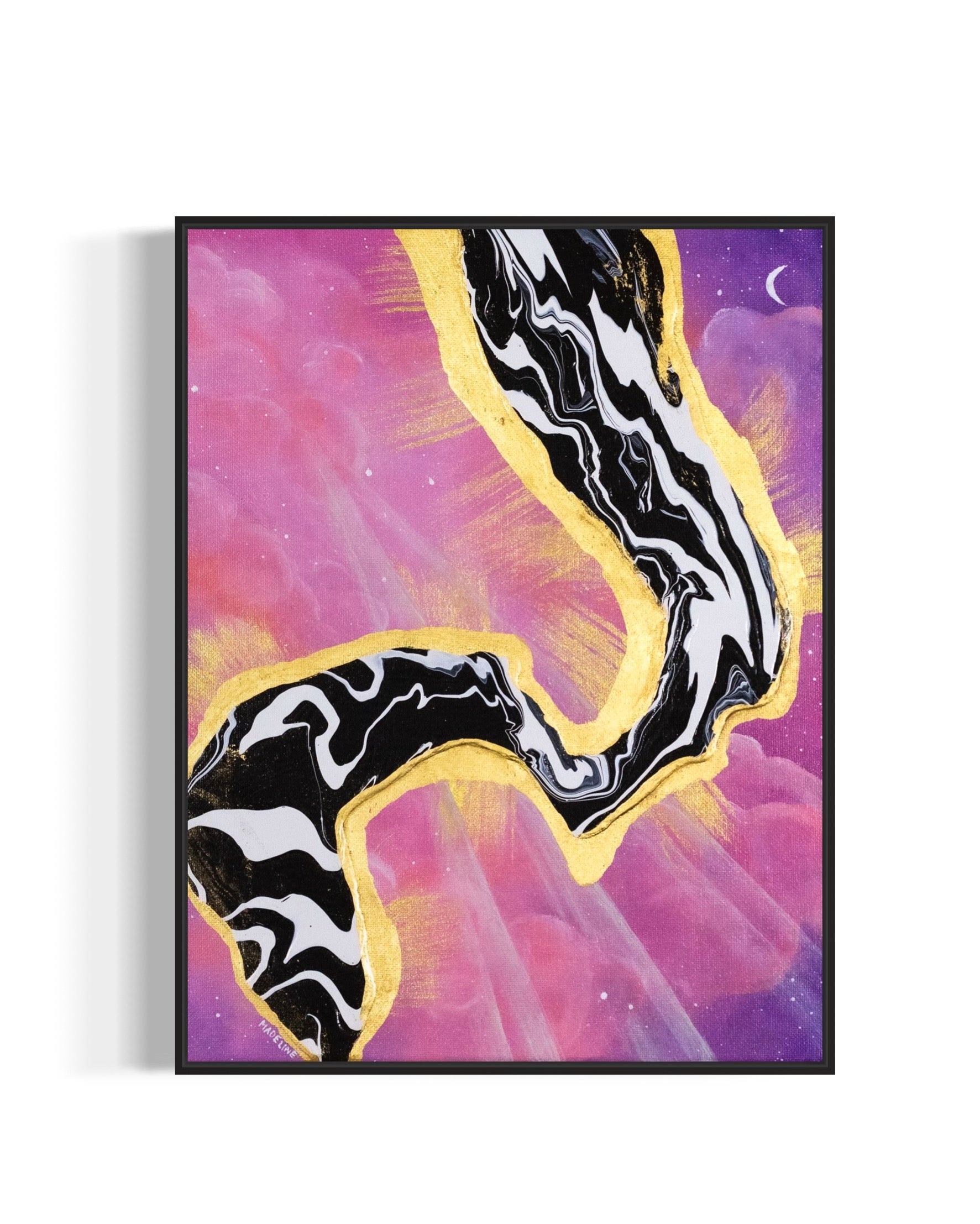 Framed artwork with abstract black and white fluid design on a pink and purple sky background with a moon and gold leaf rays