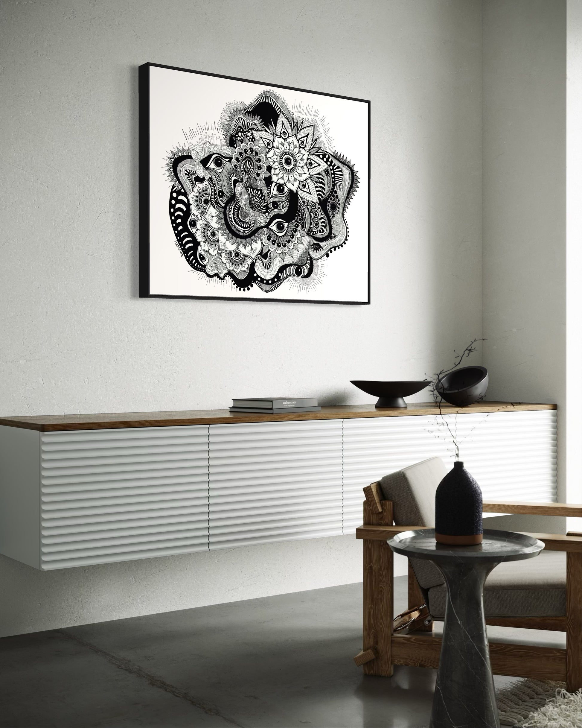 Framed black and white abstract art with eyes, mandalas, and fine line whimsical detail