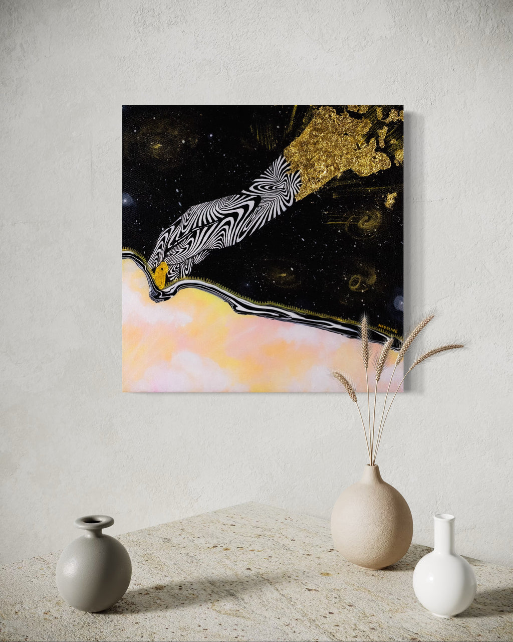 Framed artwork of an abstract black and white hand unzipping the universe on a space background with a pink sky and gold accents.